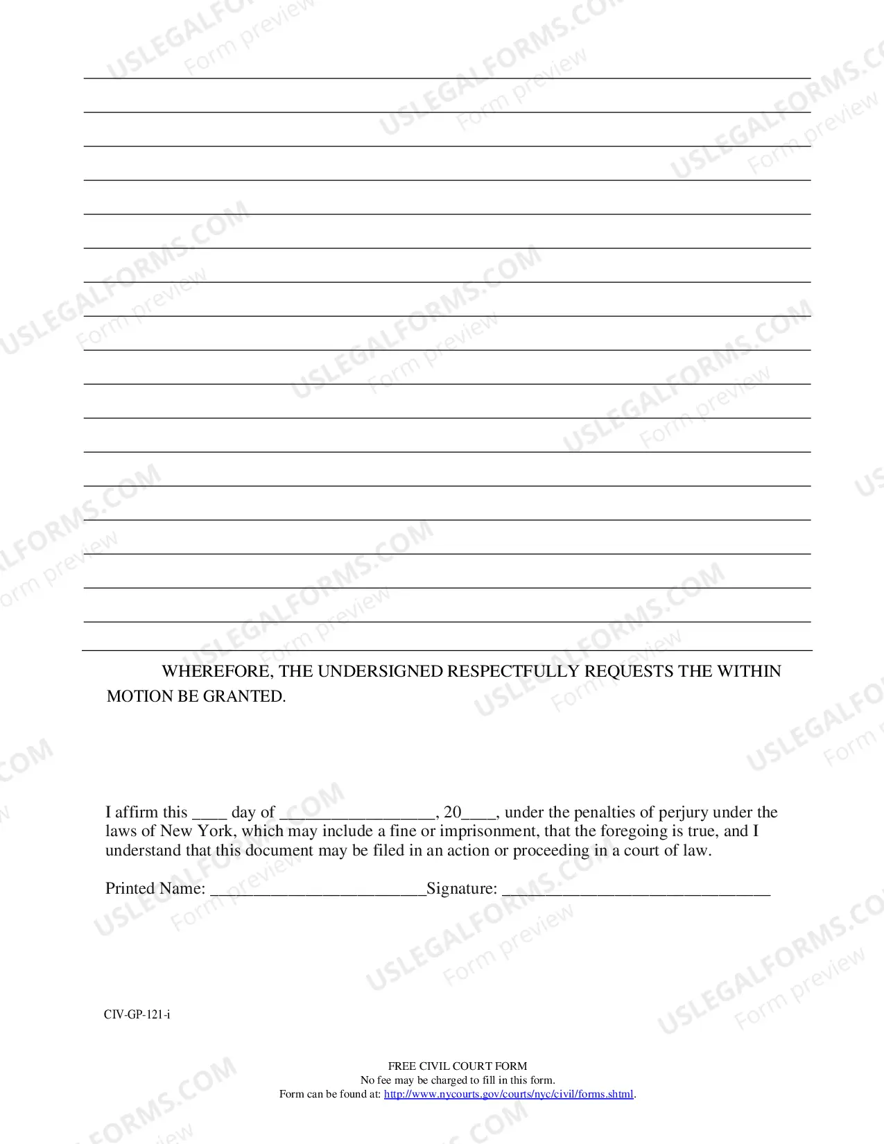 Preview Affidavit in Support (CIV-GP-121)