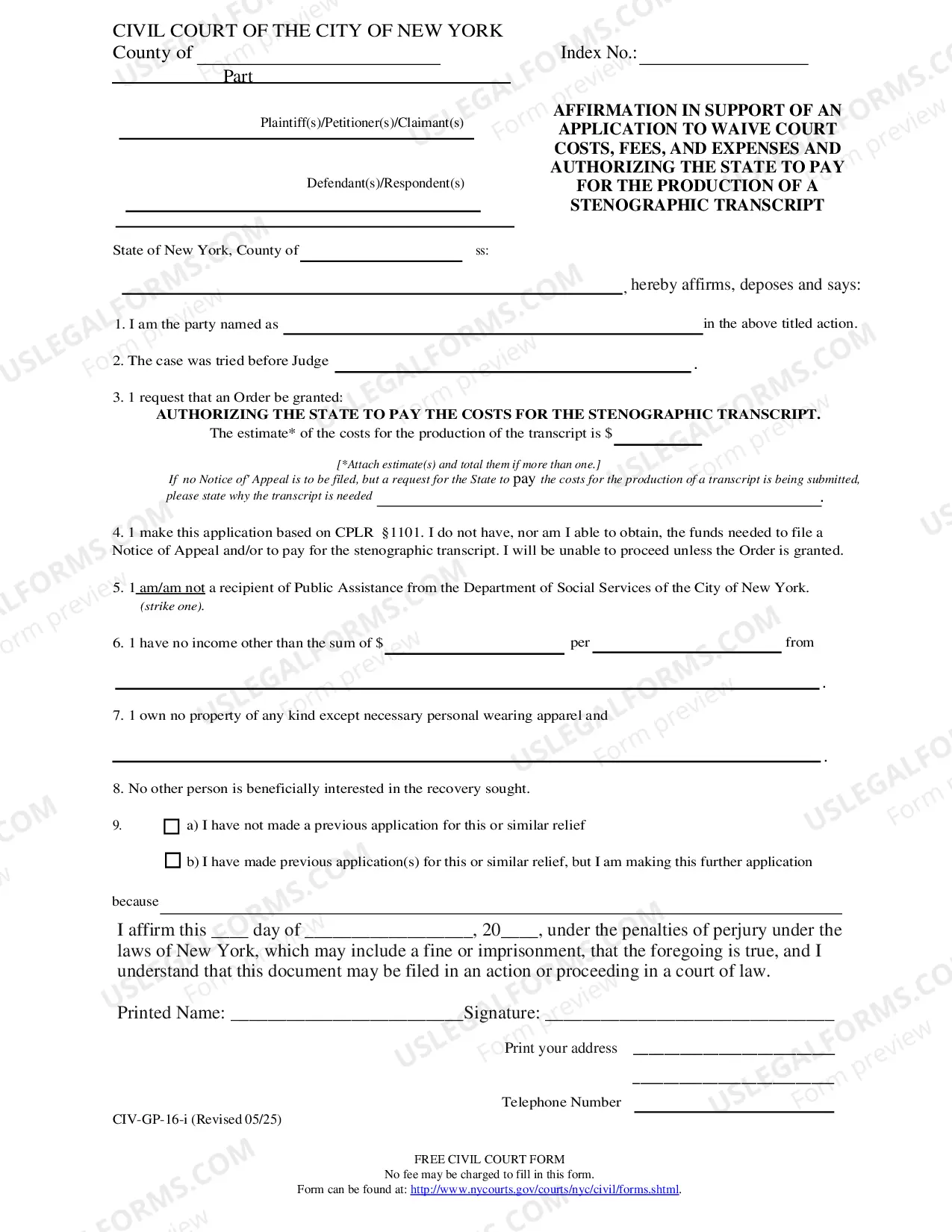 Preview Affirmation in Support of an Application to Proceed Waive Court Fees and Authorizing the State to Pay the Costs for the Production of a Stenographic Transcript