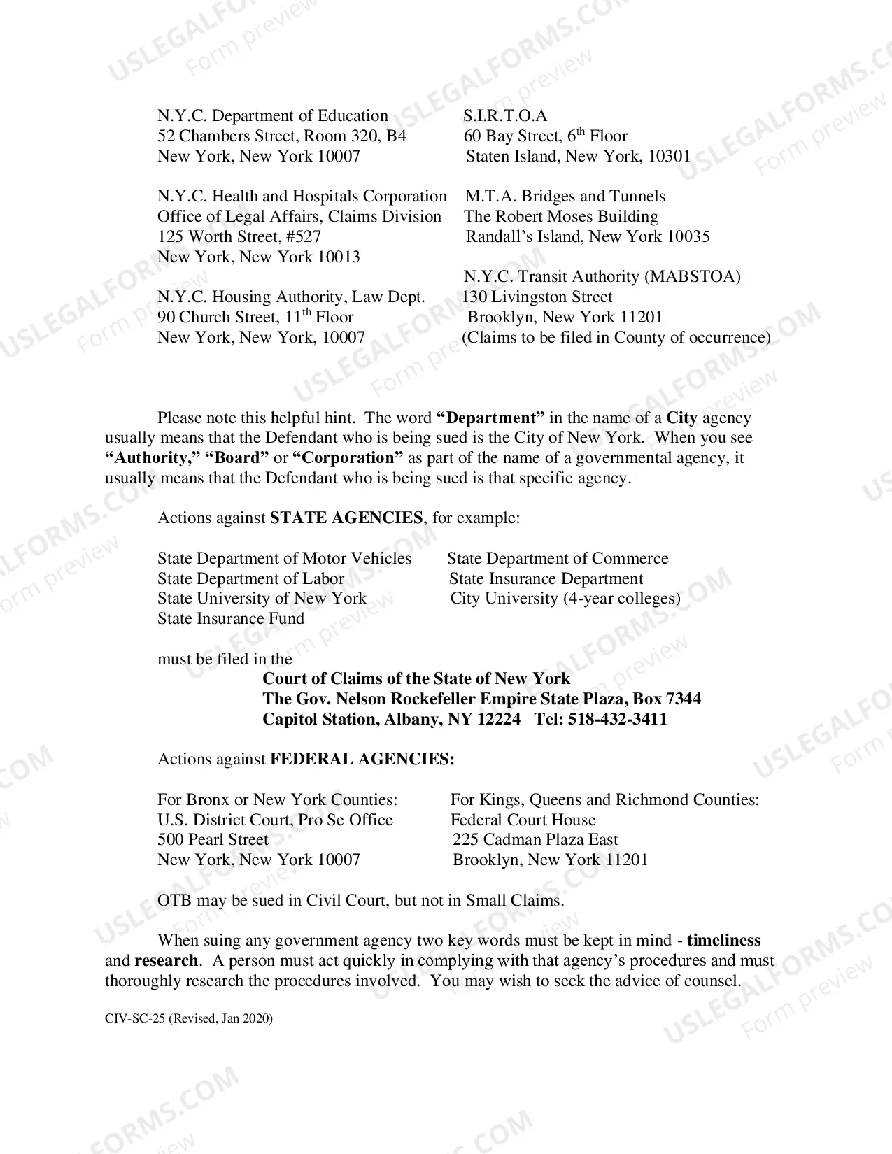 Preview Instructions For Filing Actions Against the City of New York, the State of New York, the United States of America