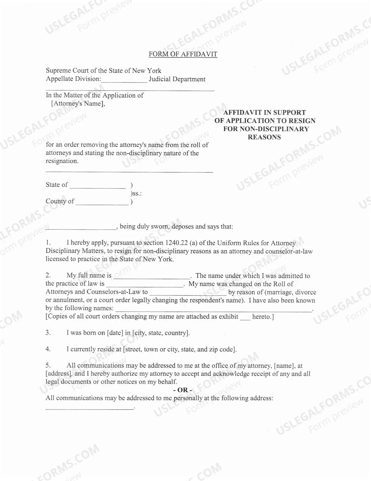 Preview Affidavit In Support of Application To Resign Non-Disciplinary