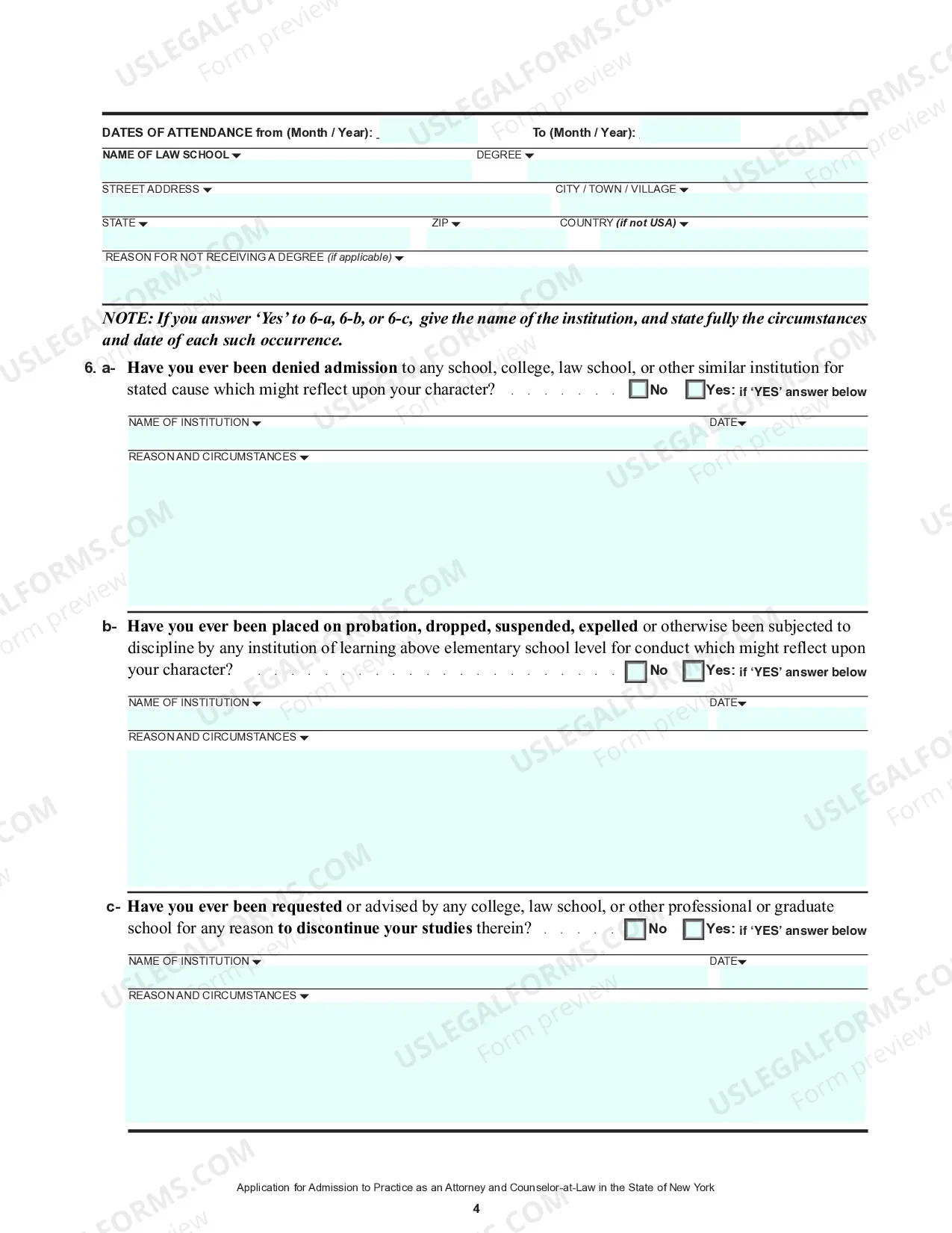 Preview Application For Admission To Practice As Attorney And Counselor-At-Law (Forms)