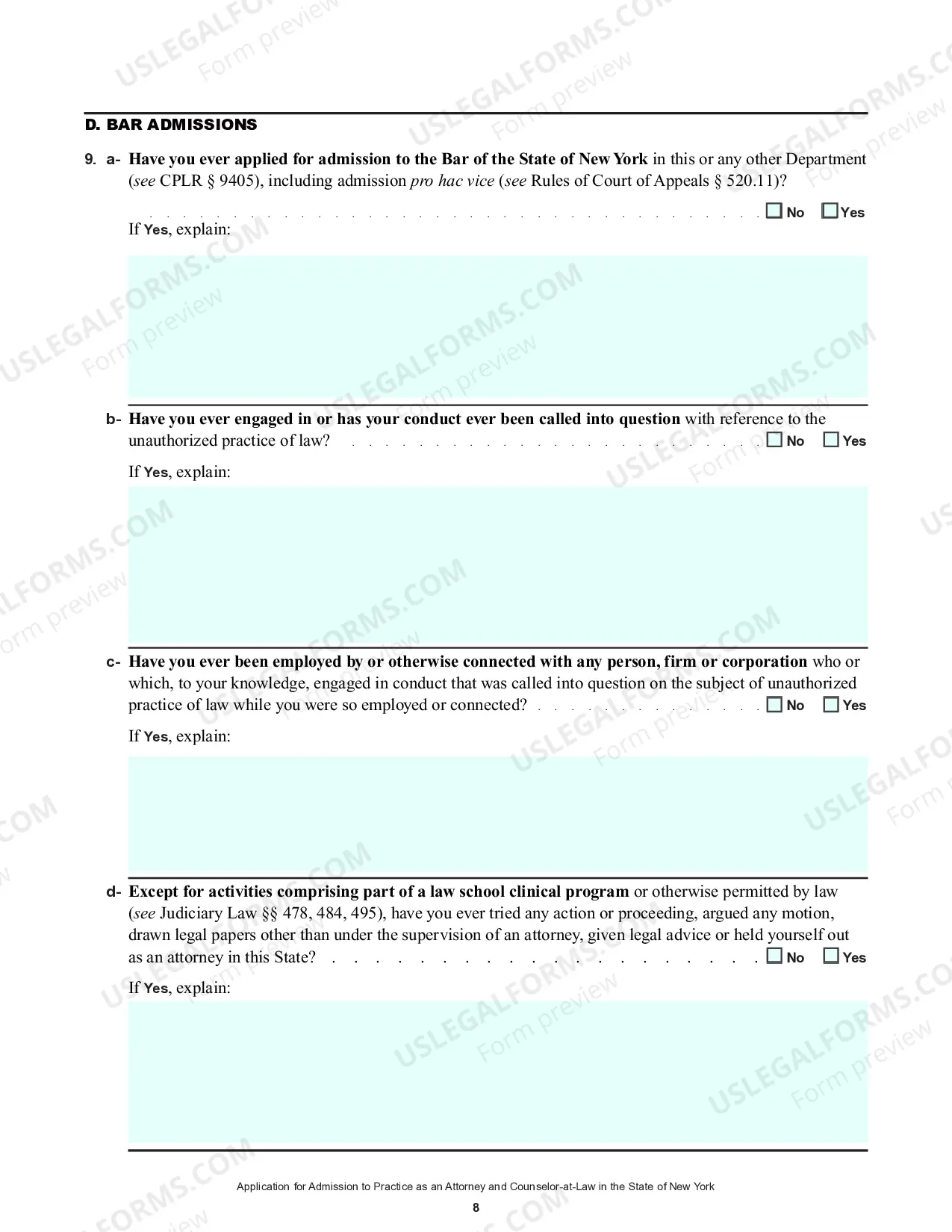 Preview Application For Admission To Practice As Attorney And Counselor-At-Law (Forms)
