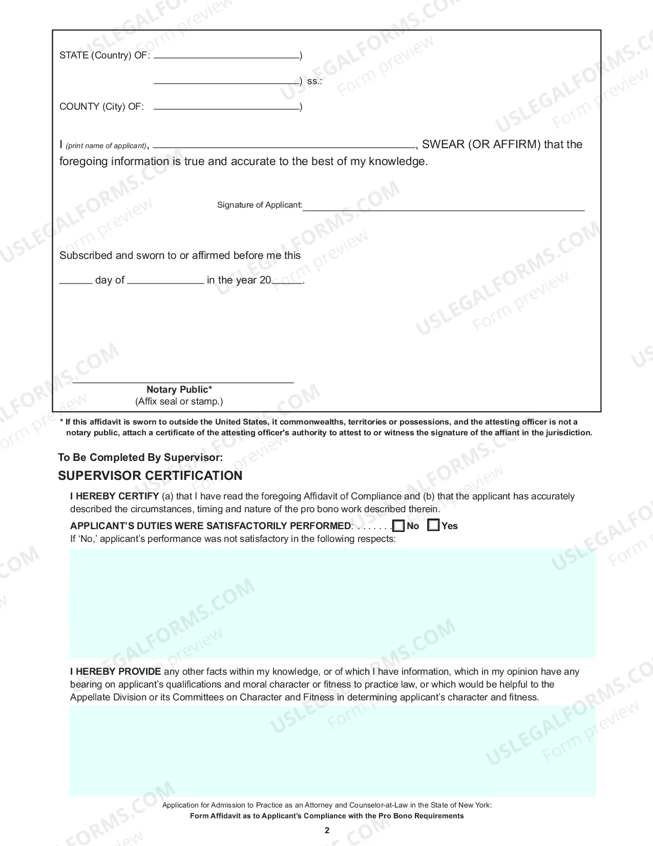 Preview Form Affidavit As To Applicants Compliance With The Pro Bono Requirements