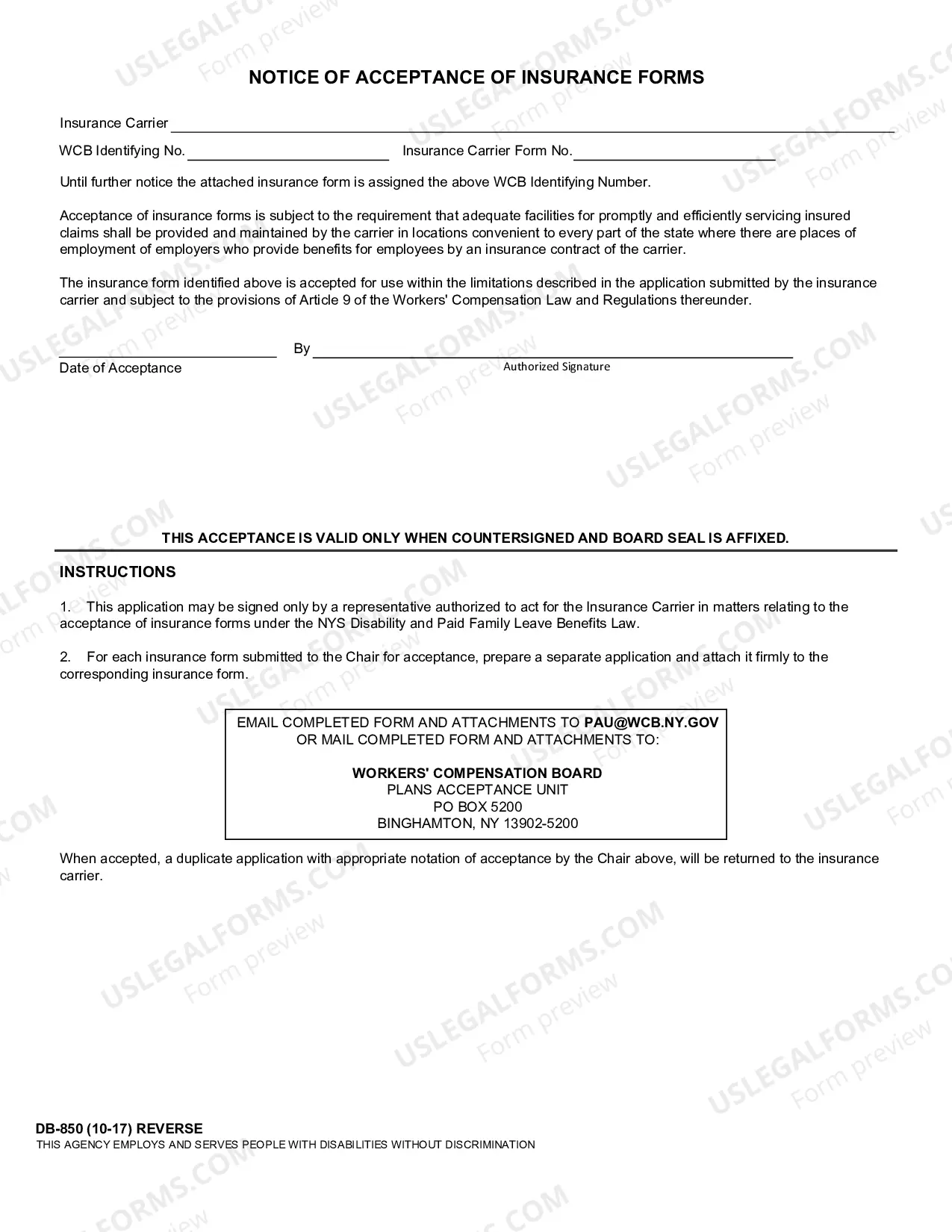 Preview Application For Acceptance of Insurance Form