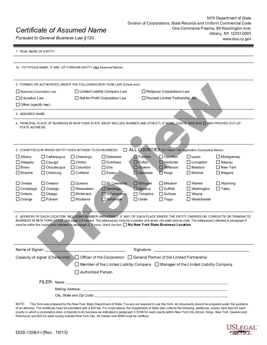 New York Certificate of Assumed Name Dba New York State US Legal Forms