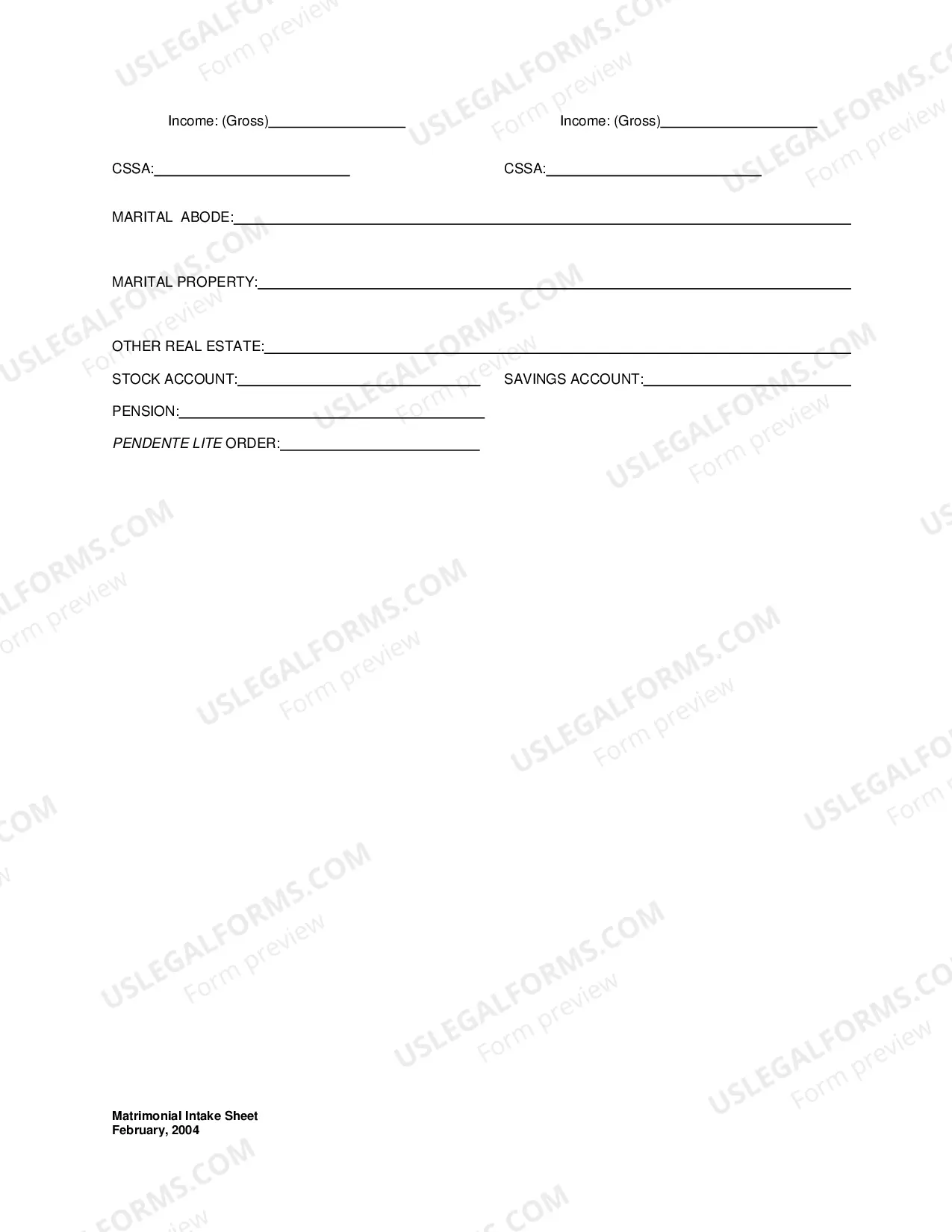 Preview Matrimonial Intake Sheet