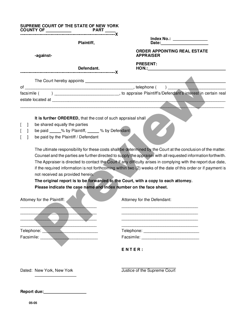 New York Order Appointing Real Estate Appraiser | US Legal Forms