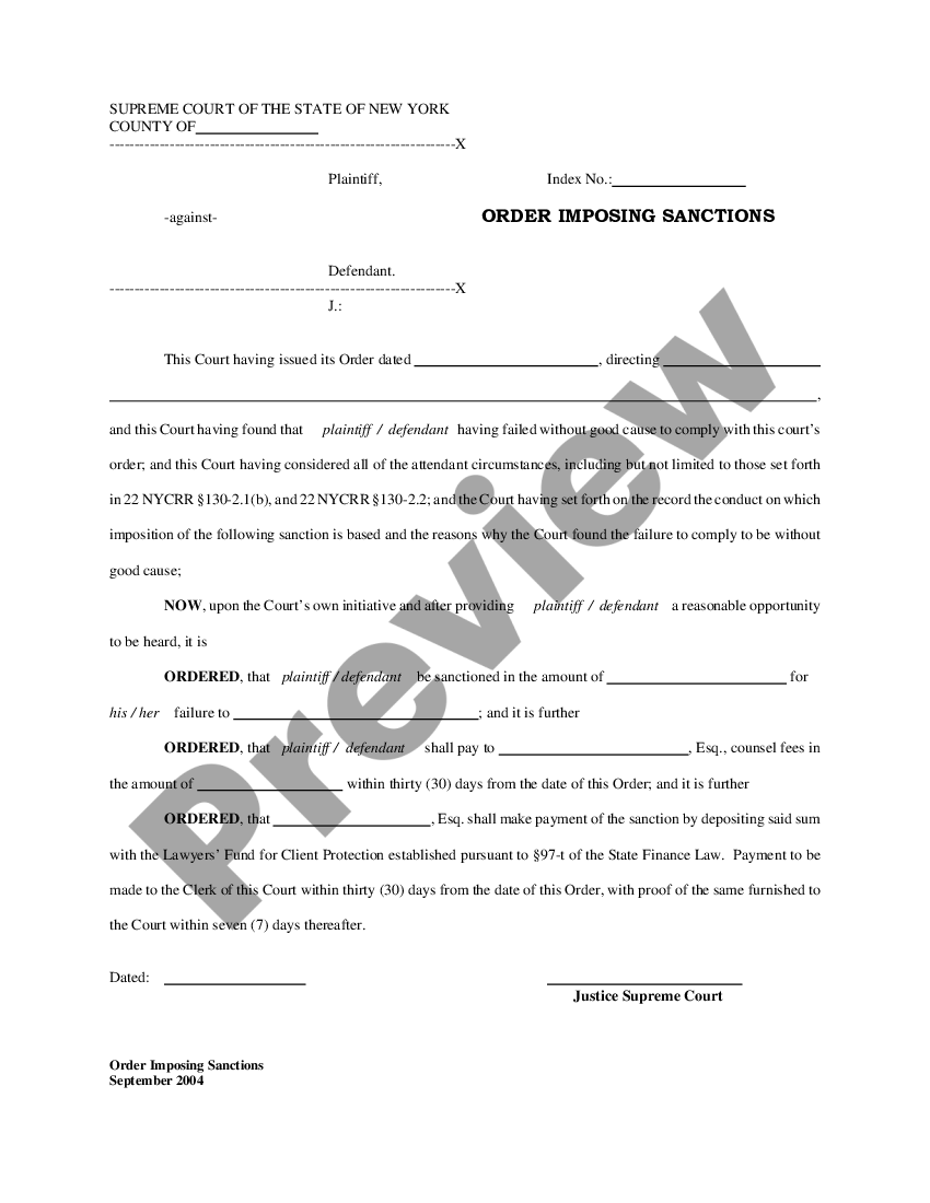 New York Order Imposing Sanctions | US Legal Forms