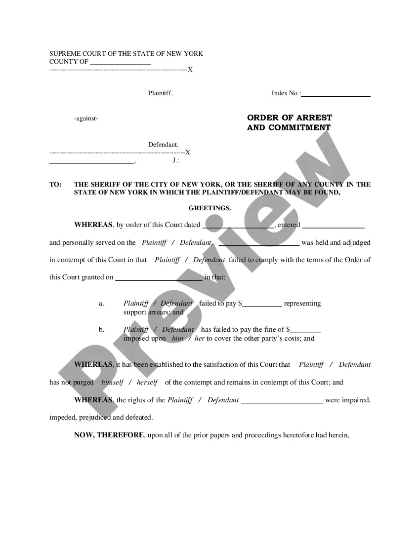 New York Order of Arrest and Commitment - Arrest Form | US Legal Forms