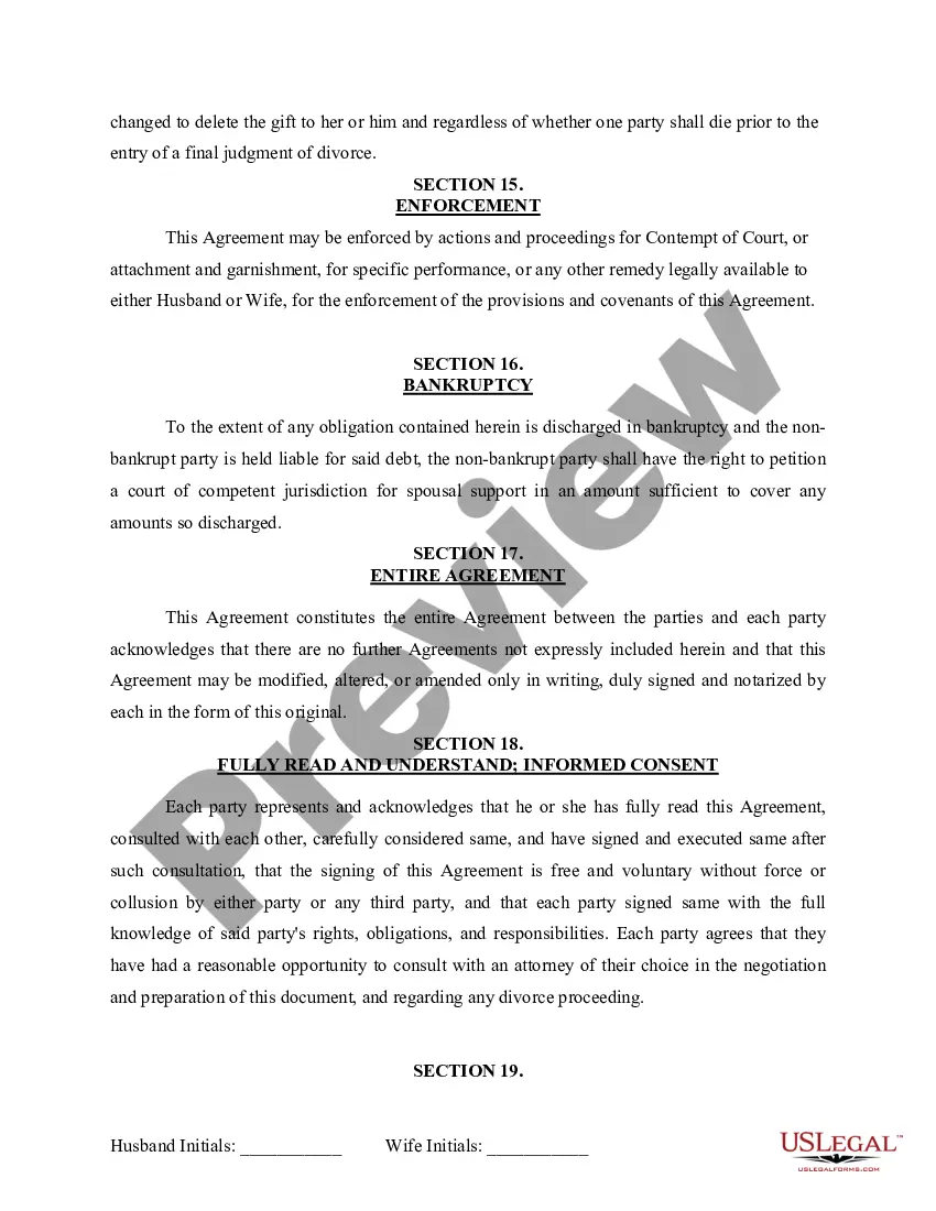 Preview Marital Domestic Separation and Property Settlement Agreement for persons with No Children, No Joint Property or Debts where Divorce Action Filed