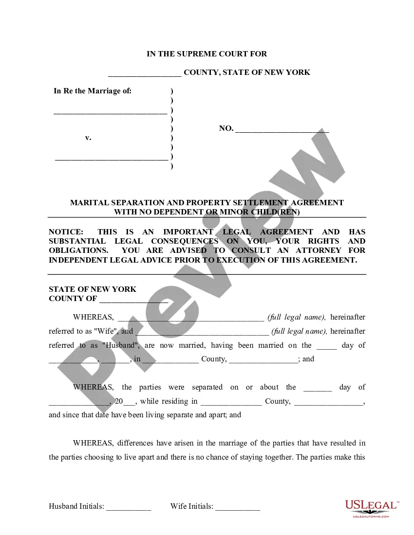 Preview Marital Domestic Separation and Property Settlement Agreement for persons with No Children, No Joint Property or Debts where Divorce Action Filed