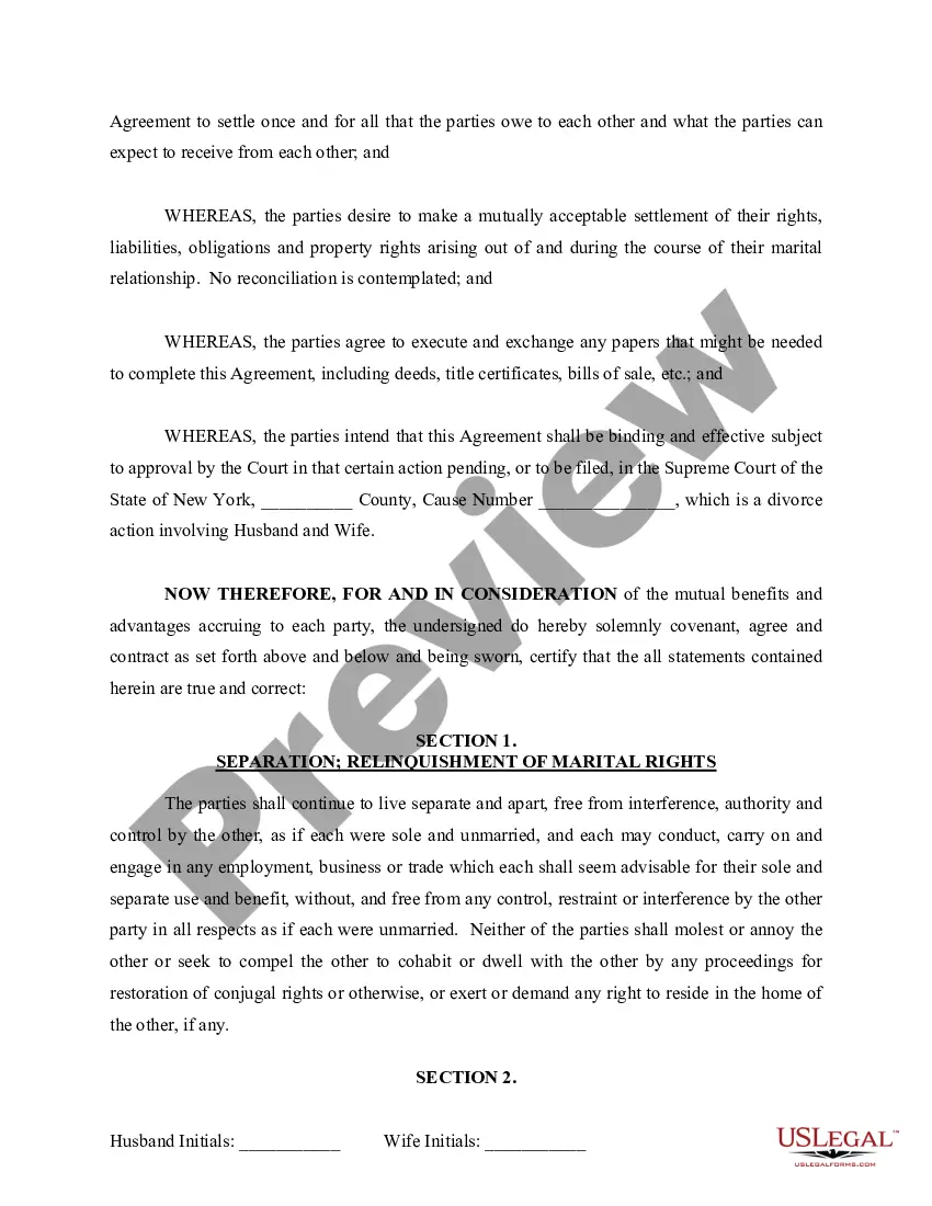 Preview Marital Domestic Separation and Property Settlement Agreement for persons with No Children, No Joint Property or Debts where Divorce Action Filed