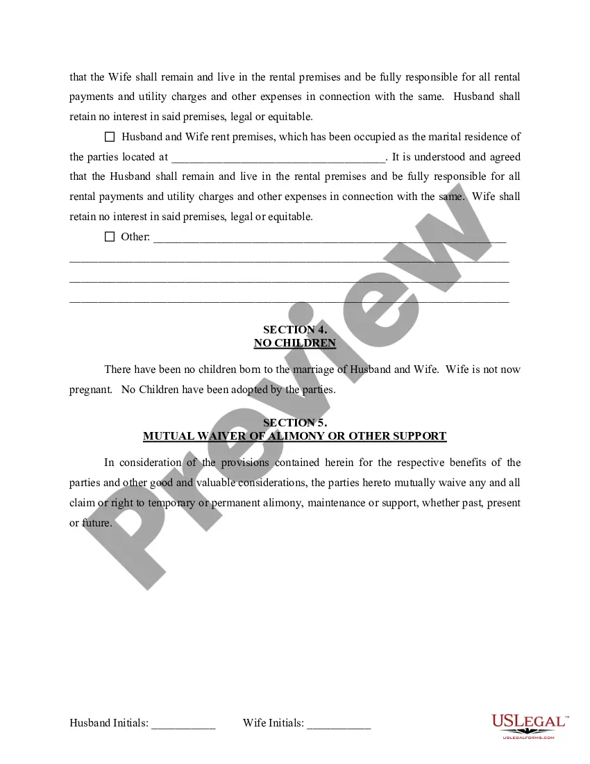 Preview Marital Domestic Separation and Property Settlement Agreement for persons with No Children, No Joint Property or Debts where Divorce Action Filed
