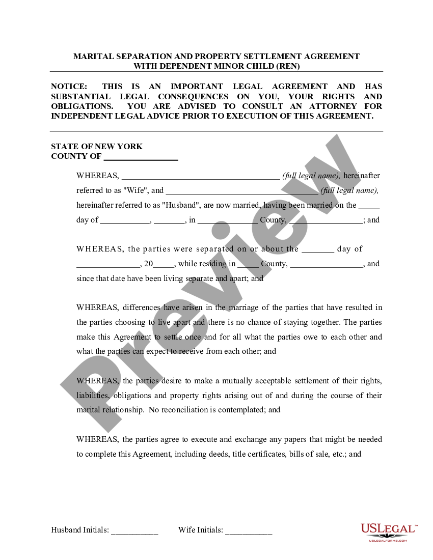 new york marital domestic separation and property settlement agreement