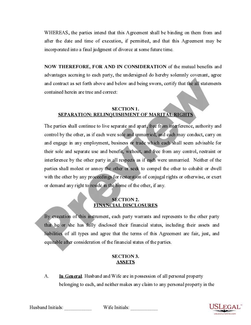 Preview Marital Domestic Separation and Property Settlement Agreement Minor Children Parties May have Joint Property or Debts Effective Immediately