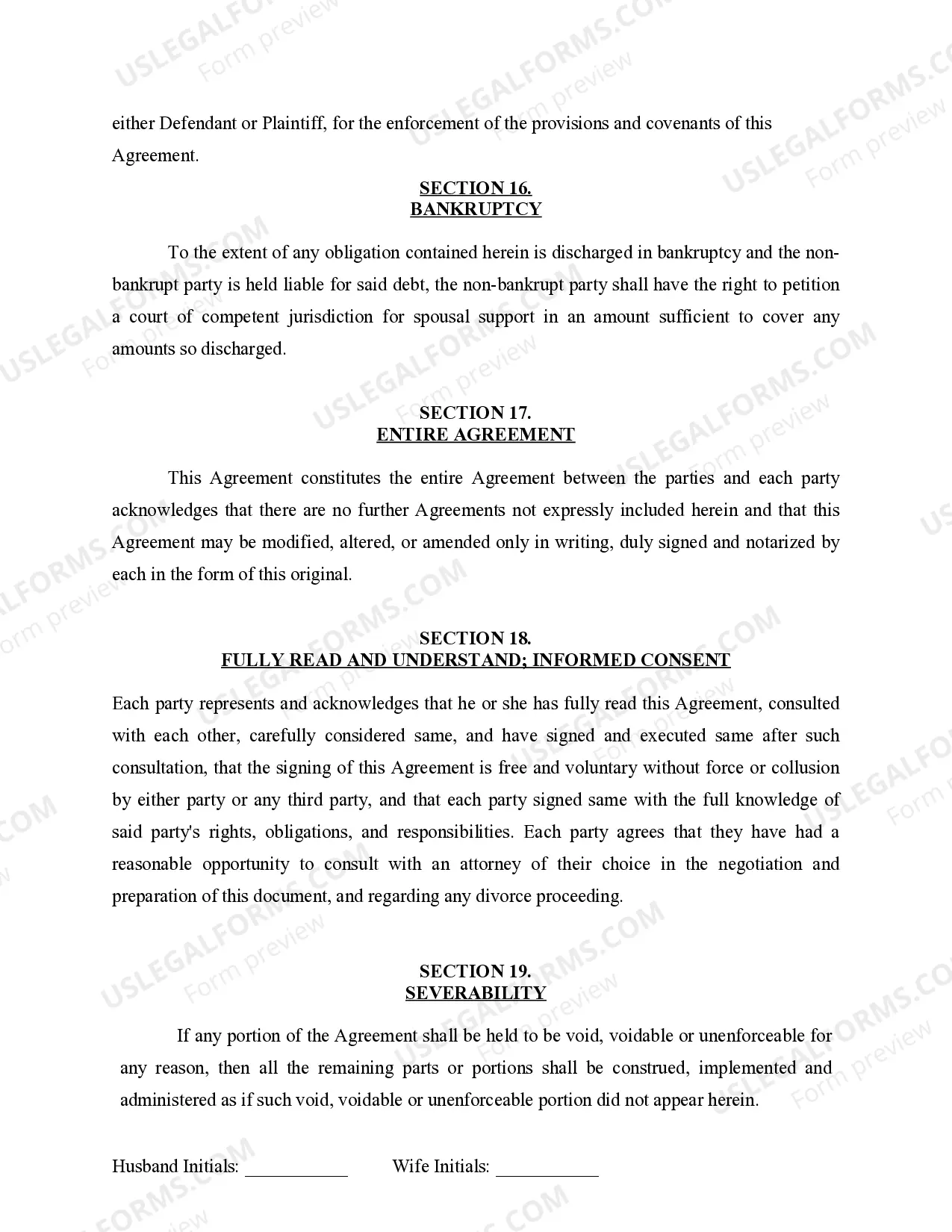 Preview Marital Domestic Separation and Property Settlement Agreement for persons with no Children, no Joint Property, or Debts Effective Immediately