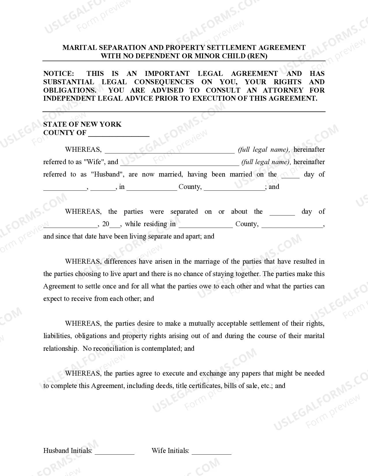 Preview Marital Domestic Separation and Property Settlement Agreement for persons with no Children, no Joint Property, or Debts Effective Immediately