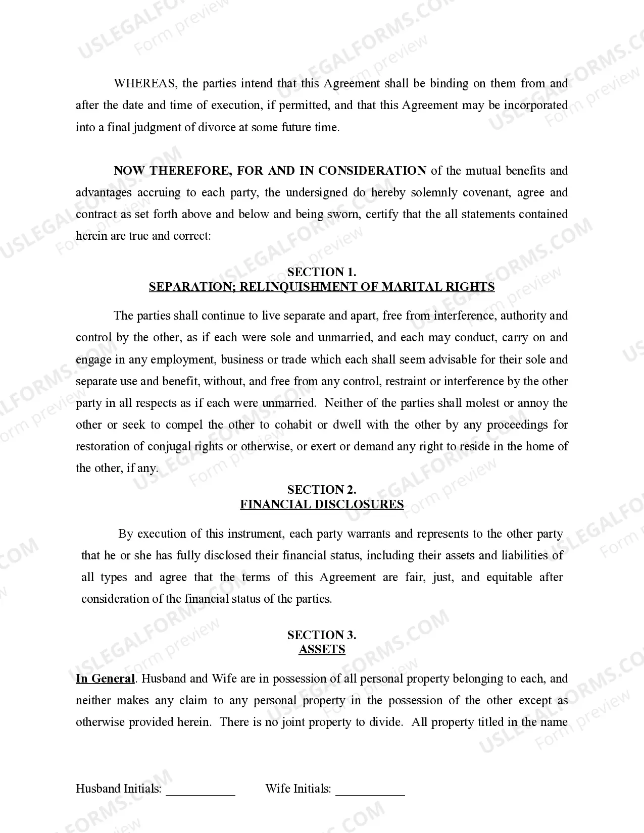 Preview Marital Domestic Separation and Property Settlement Agreement for persons with no Children, no Joint Property, or Debts Effective Immediately