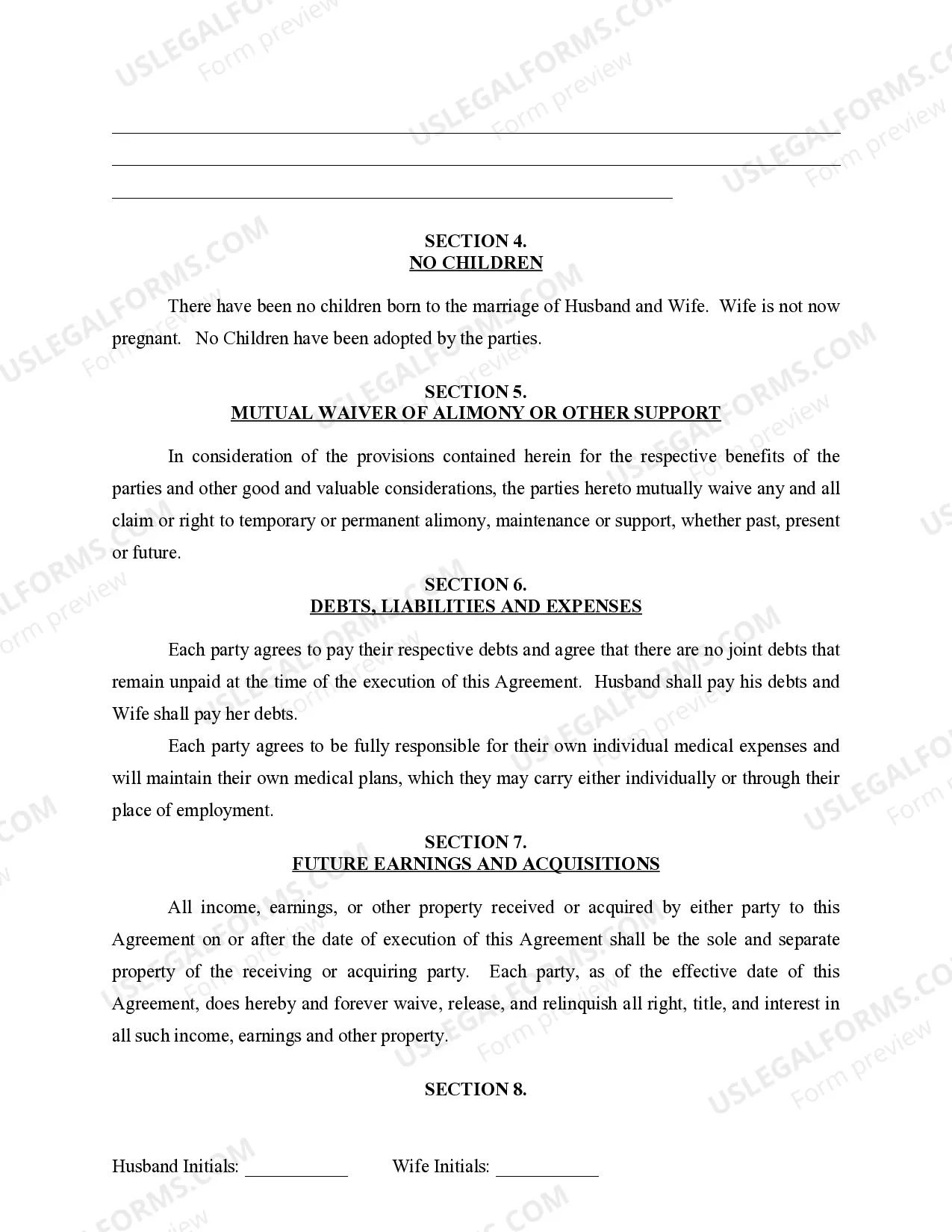 Preview Marital Domestic Separation and Property Settlement Agreement for persons with no Children, no Joint Property, or Debts Effective Immediately