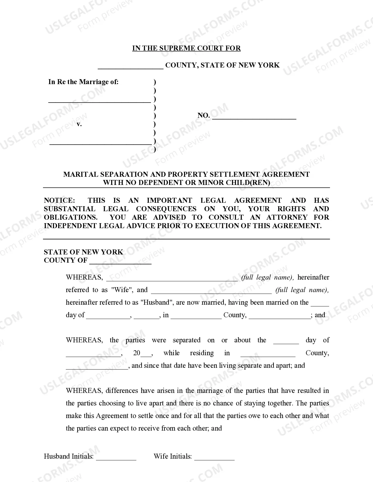 Preview Marital Domestic Separation and Property Settlement Agreement no Children parties may have Joint Property or Debts where Divorce Action Filed