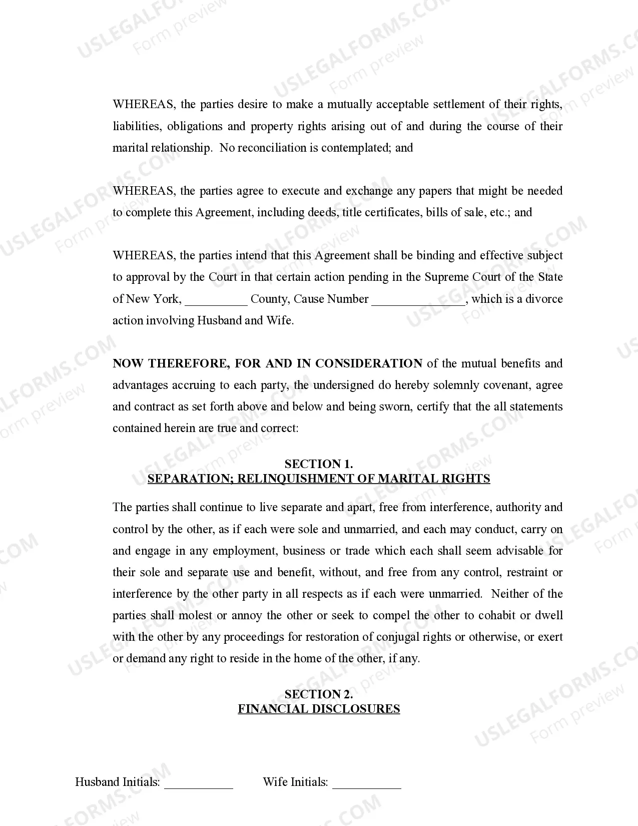 Preview Marital Domestic Separation and Property Settlement Agreement no Children parties may have Joint Property or Debts where Divorce Action Filed