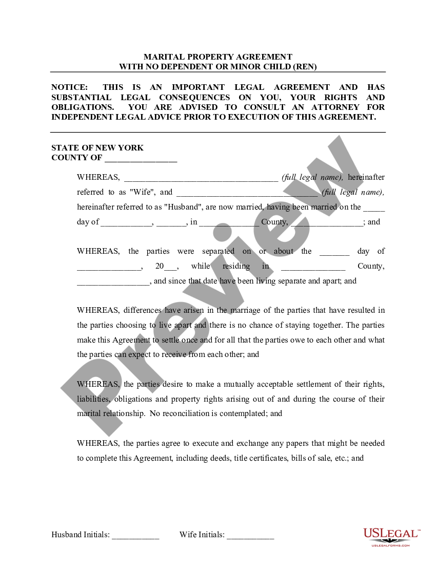 New York Marital Domestic Separation And Property Settlement Agreement ...