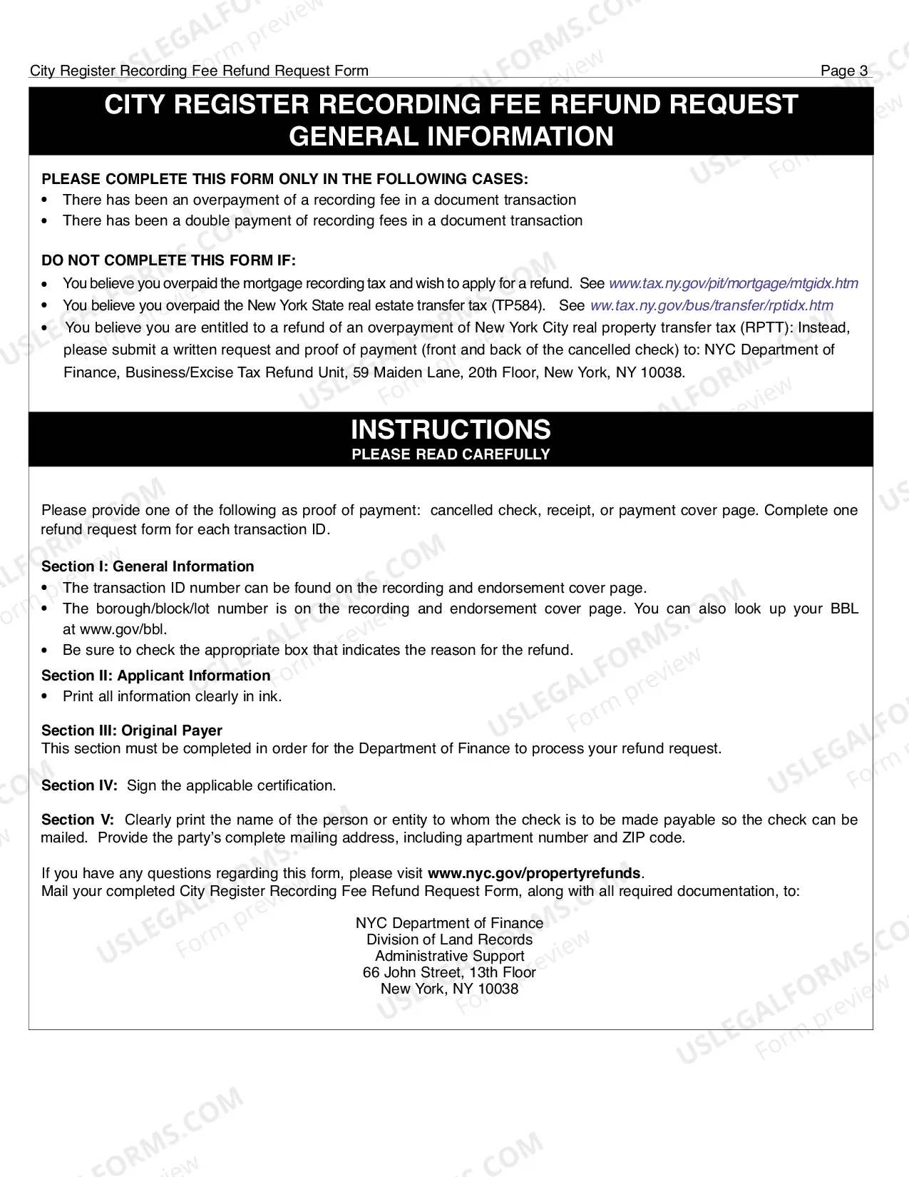 Preview City Register Recording Fee Refund Request