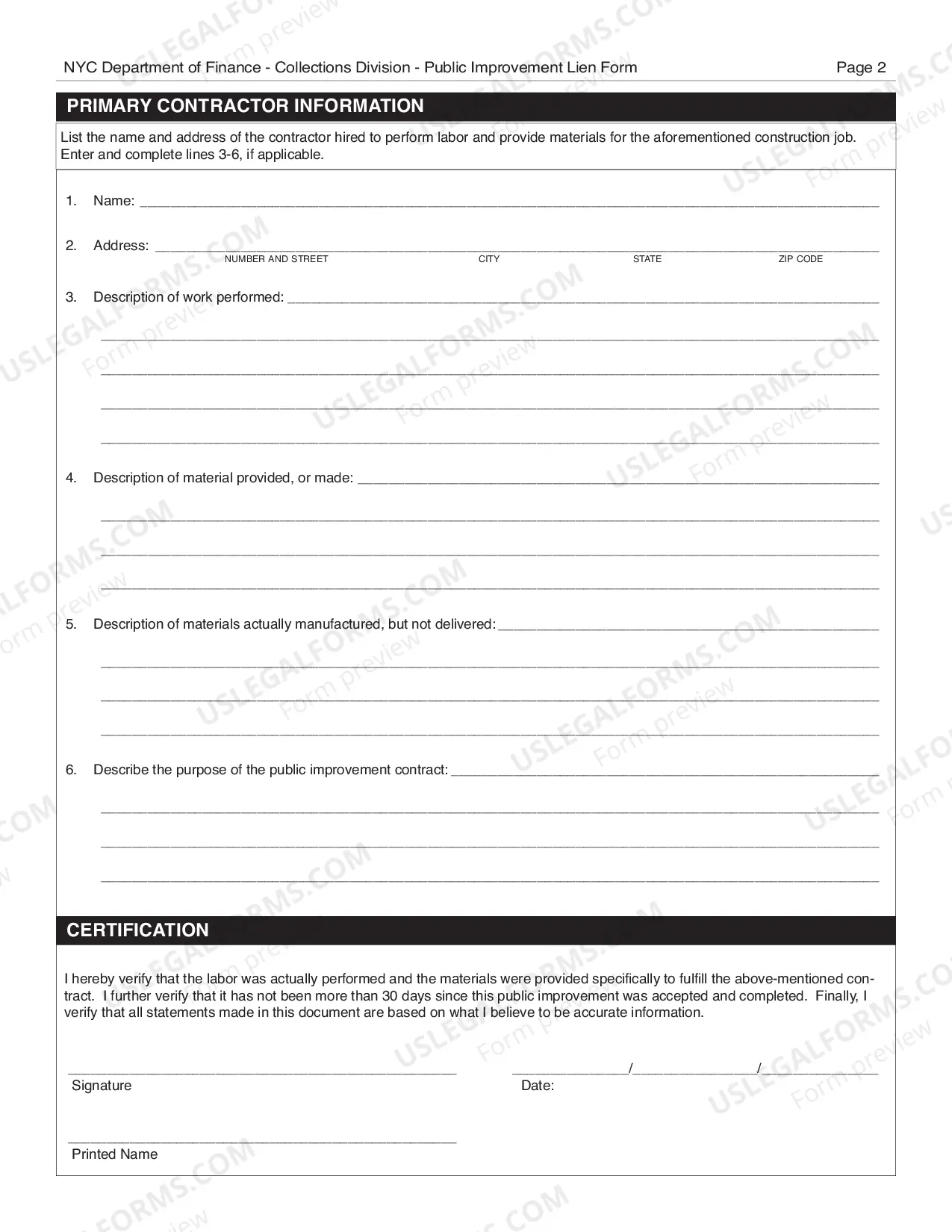 Preview Public Improvement Lien Form