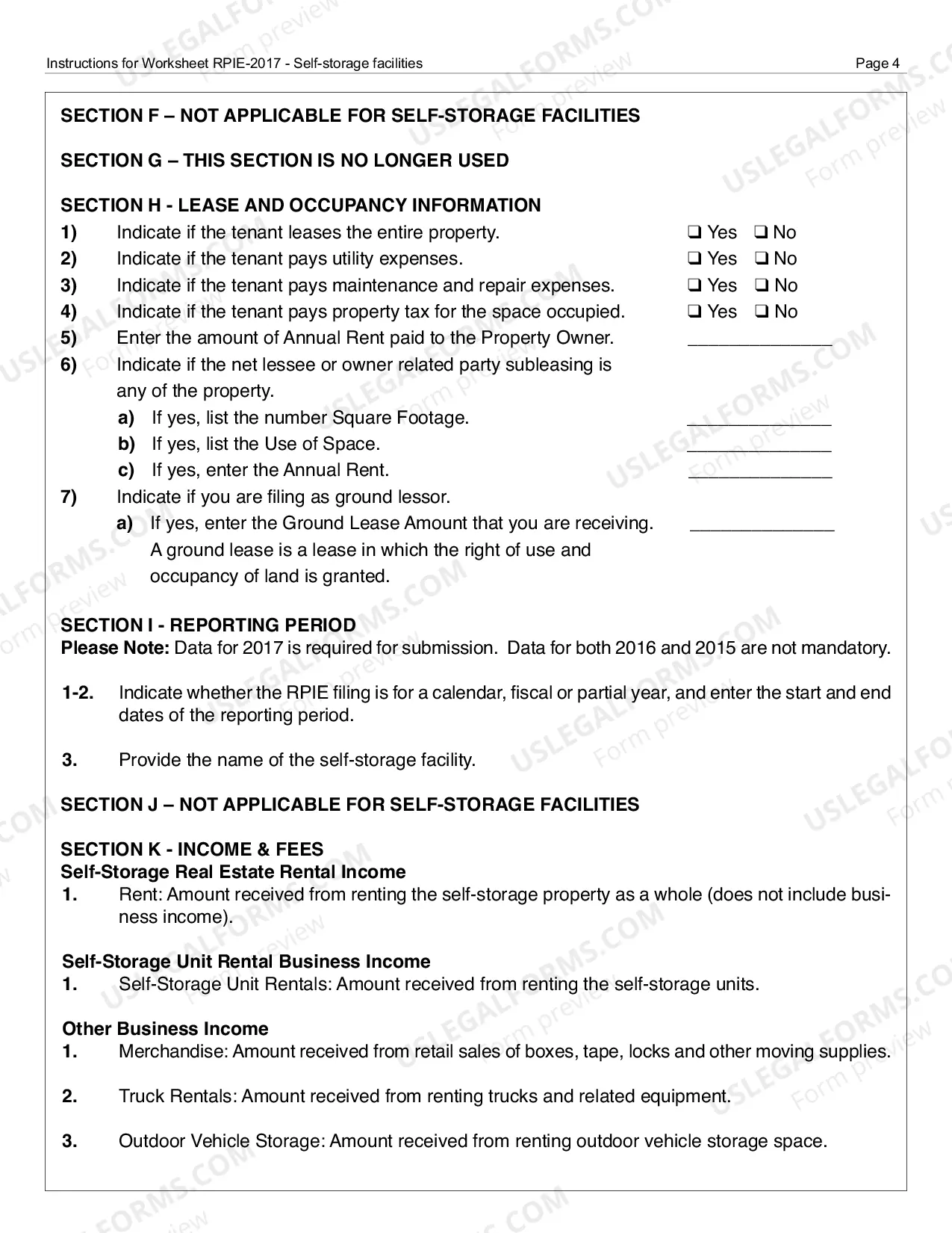 Preview RPIE-2017 Worksheet and Instructions for Self-Storage Facilities