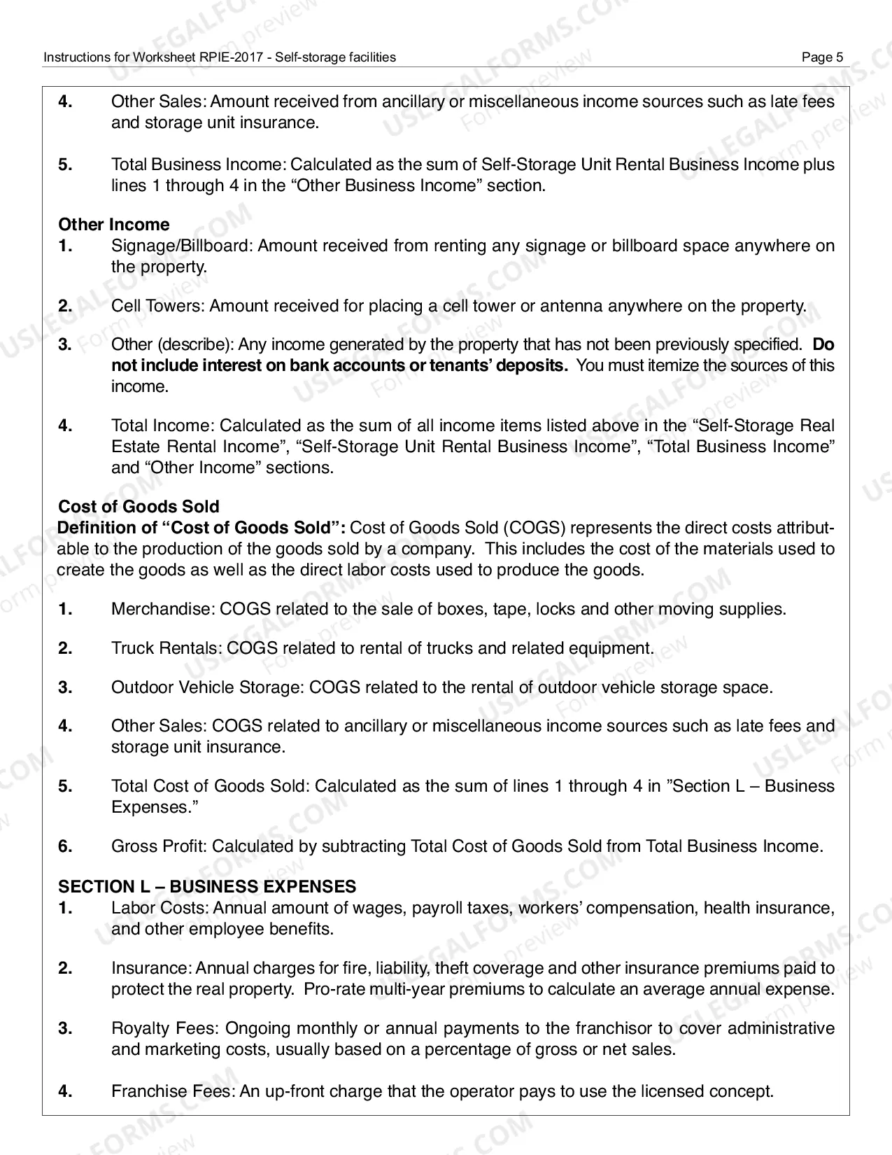 Preview RPIE-2017 Worksheet and Instructions for Self-Storage Facilities