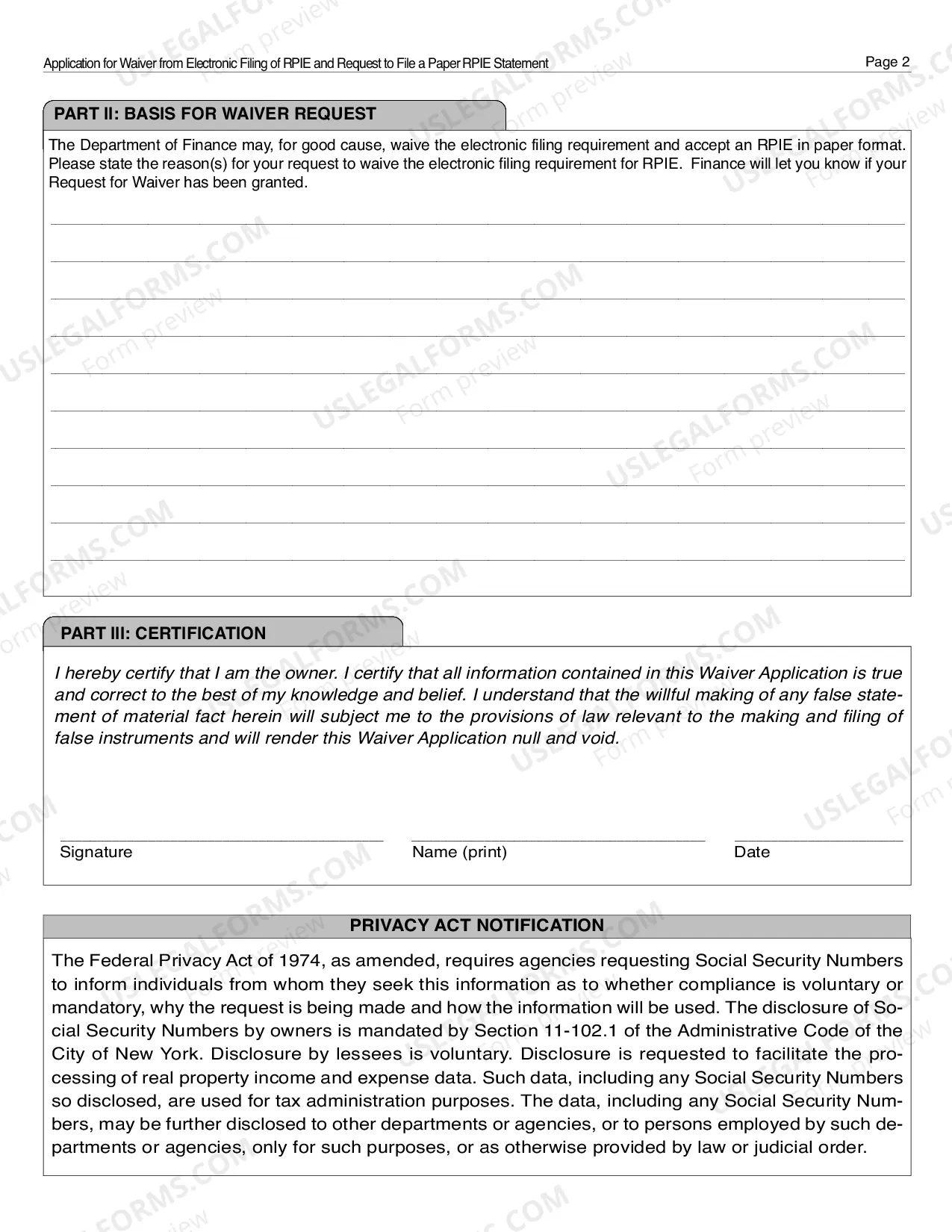 Preview Application for Waiver from Electronic Filing