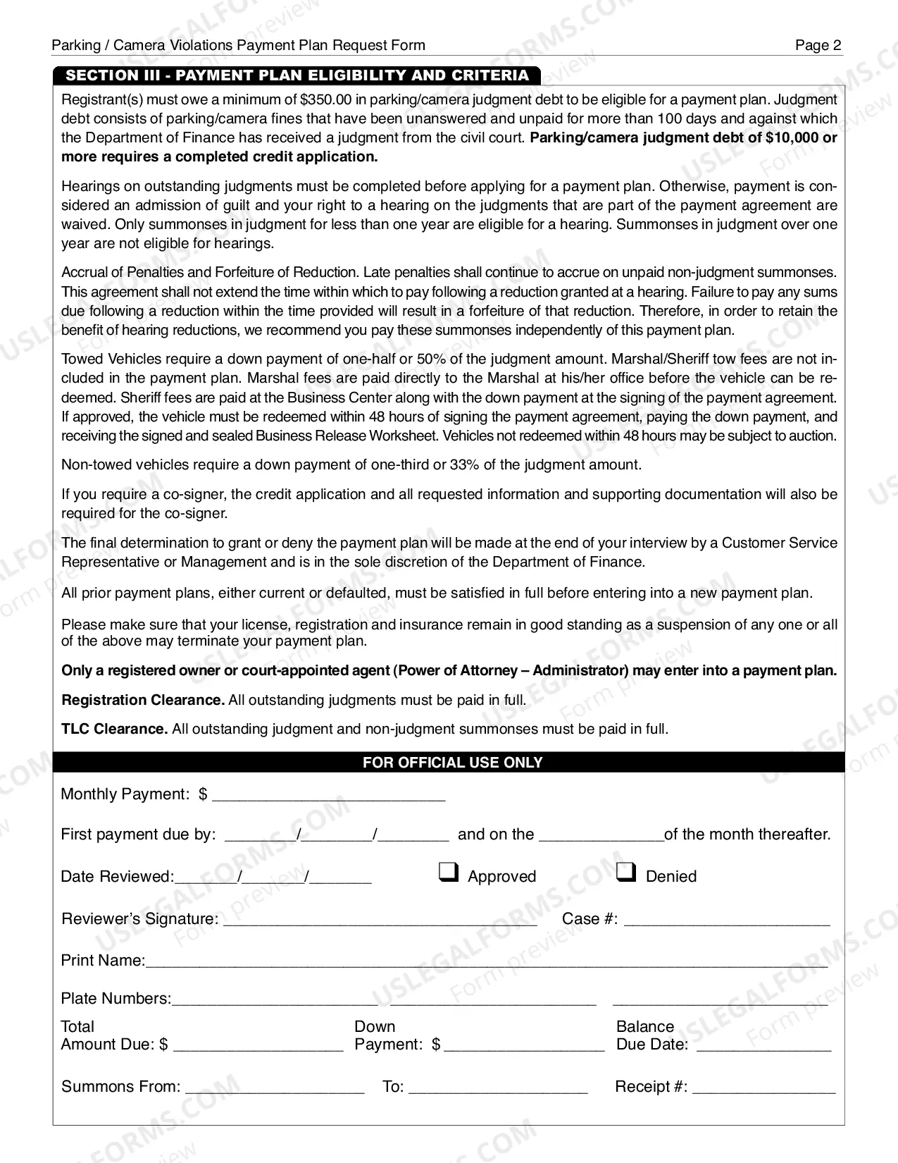 Preview Parking / Camera Violations Payment Plan Request