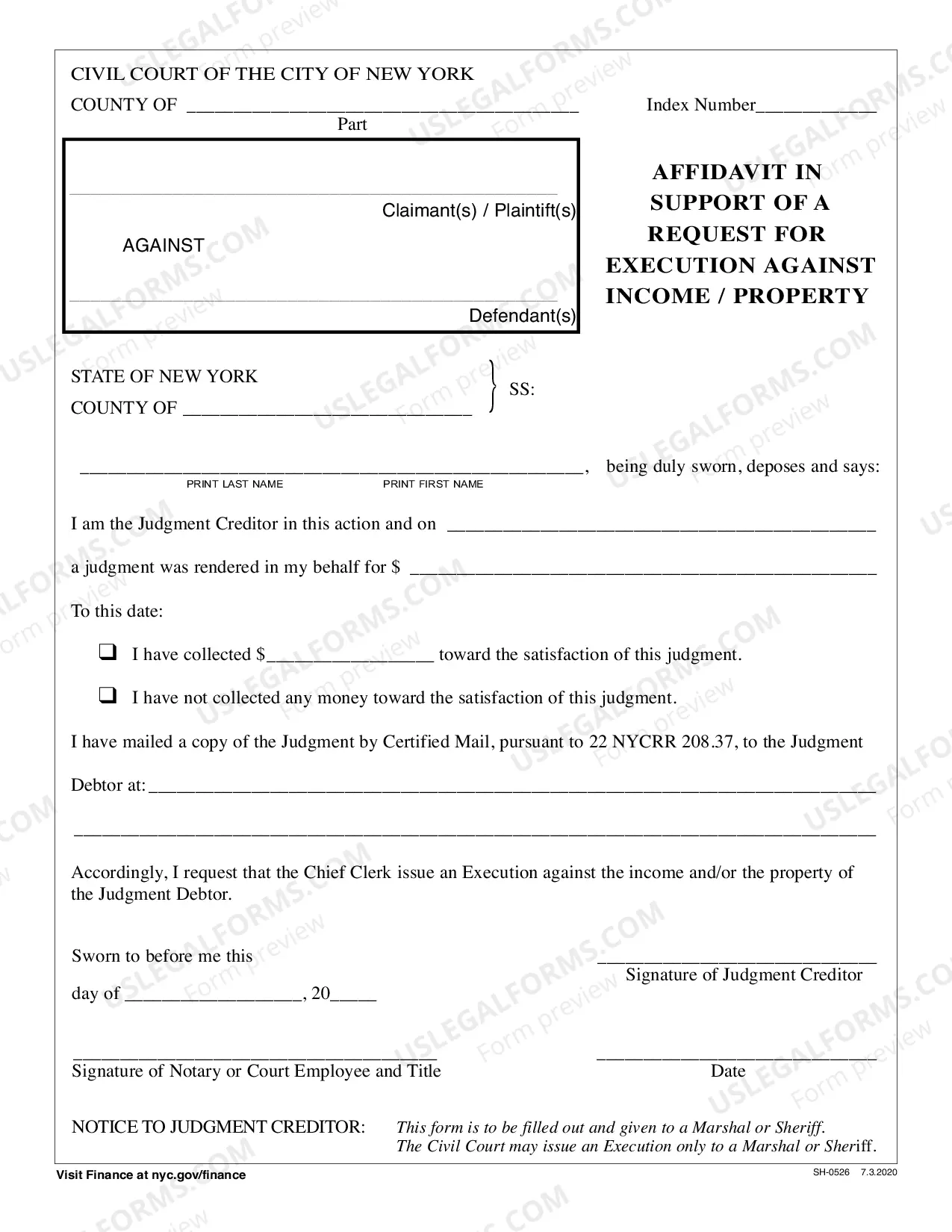 Preview Request for an Execution from NYC Small Claims or Civil Court