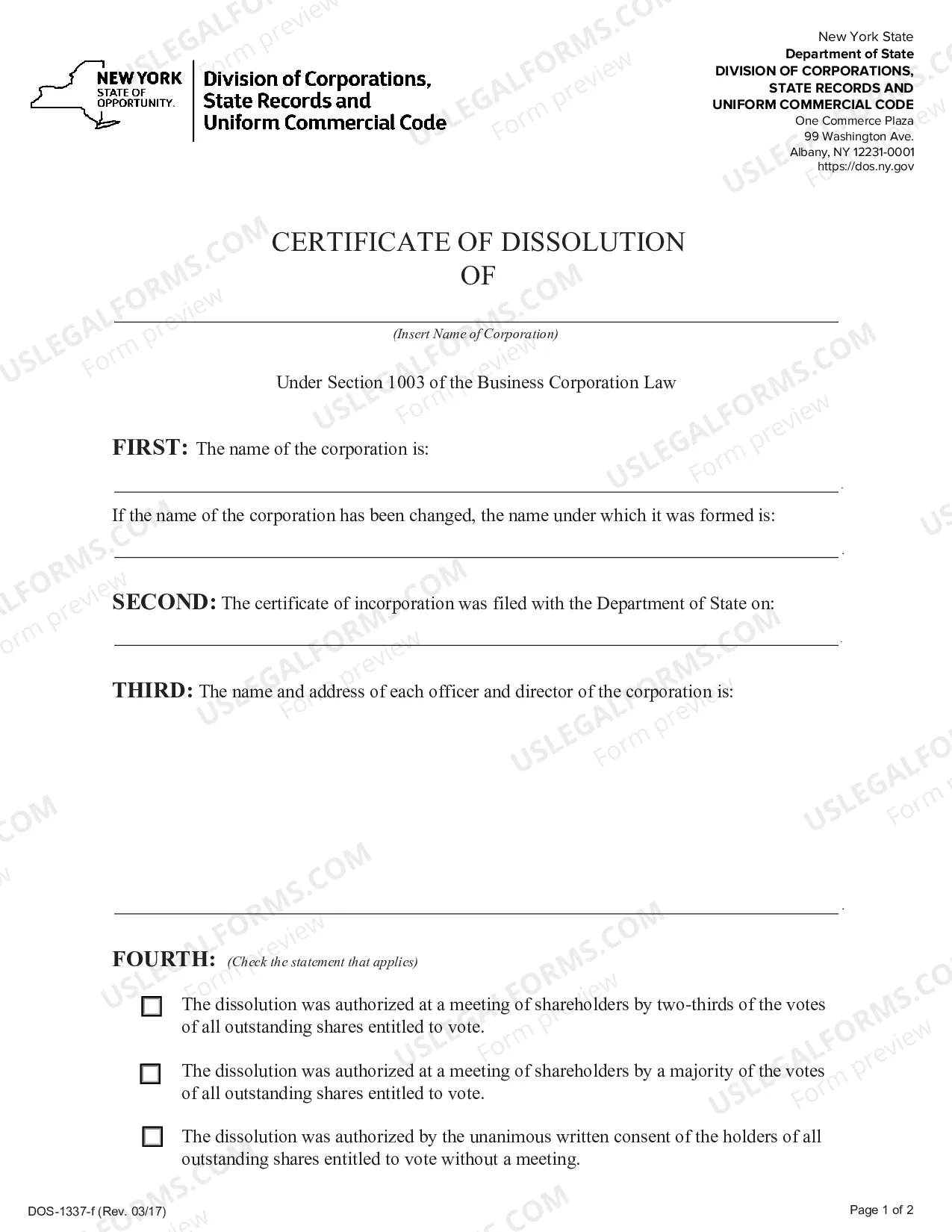 Preview Certificate of Dissolution Form