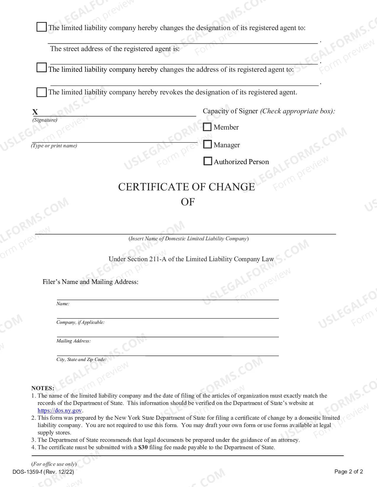 Preview Certificate of Change (Domestic LLC)