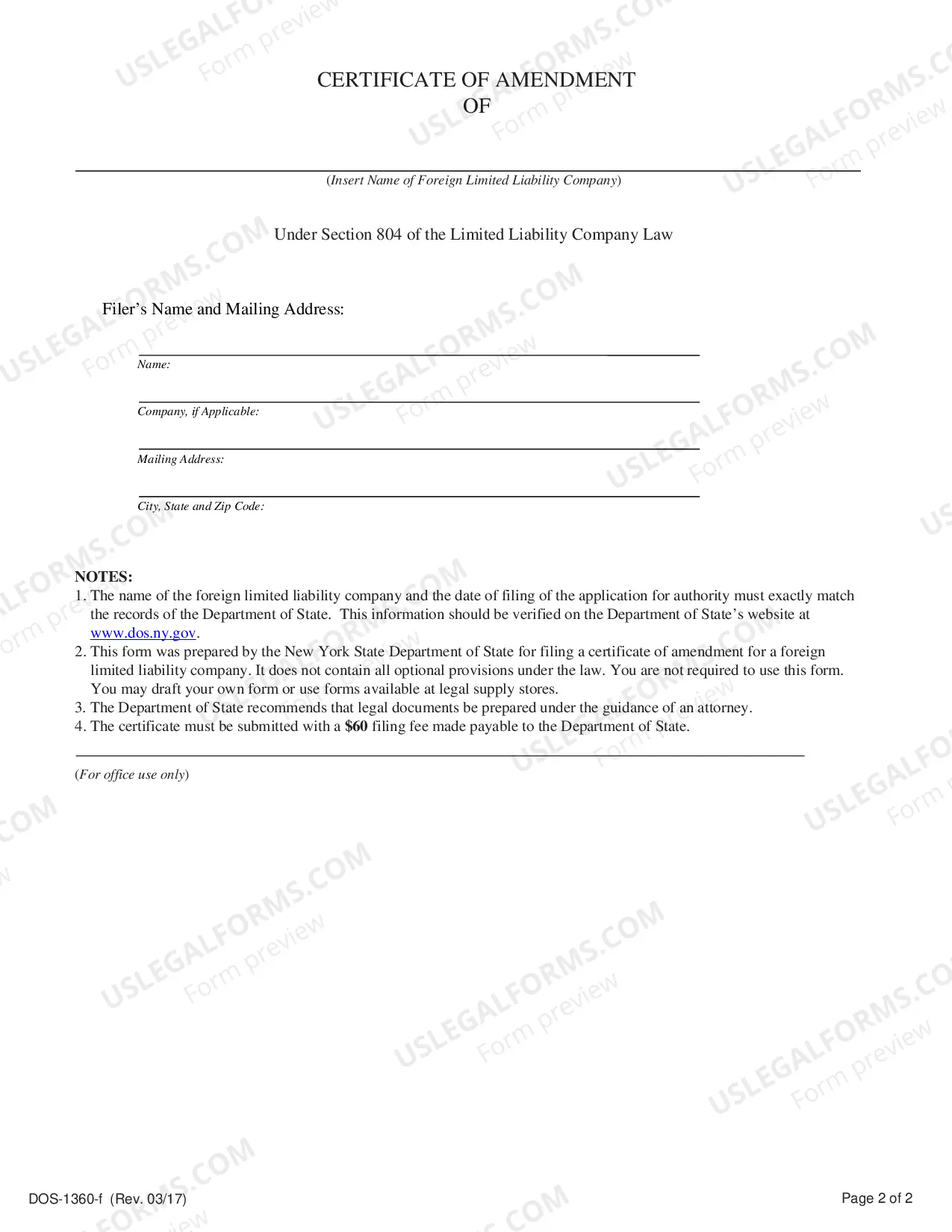 Preview Certificate of Amendment (Foreign LLC)
