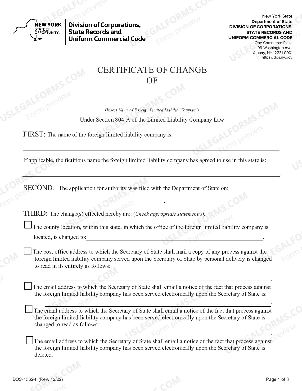 Preview Certificate of Change (Foreign LLC)
