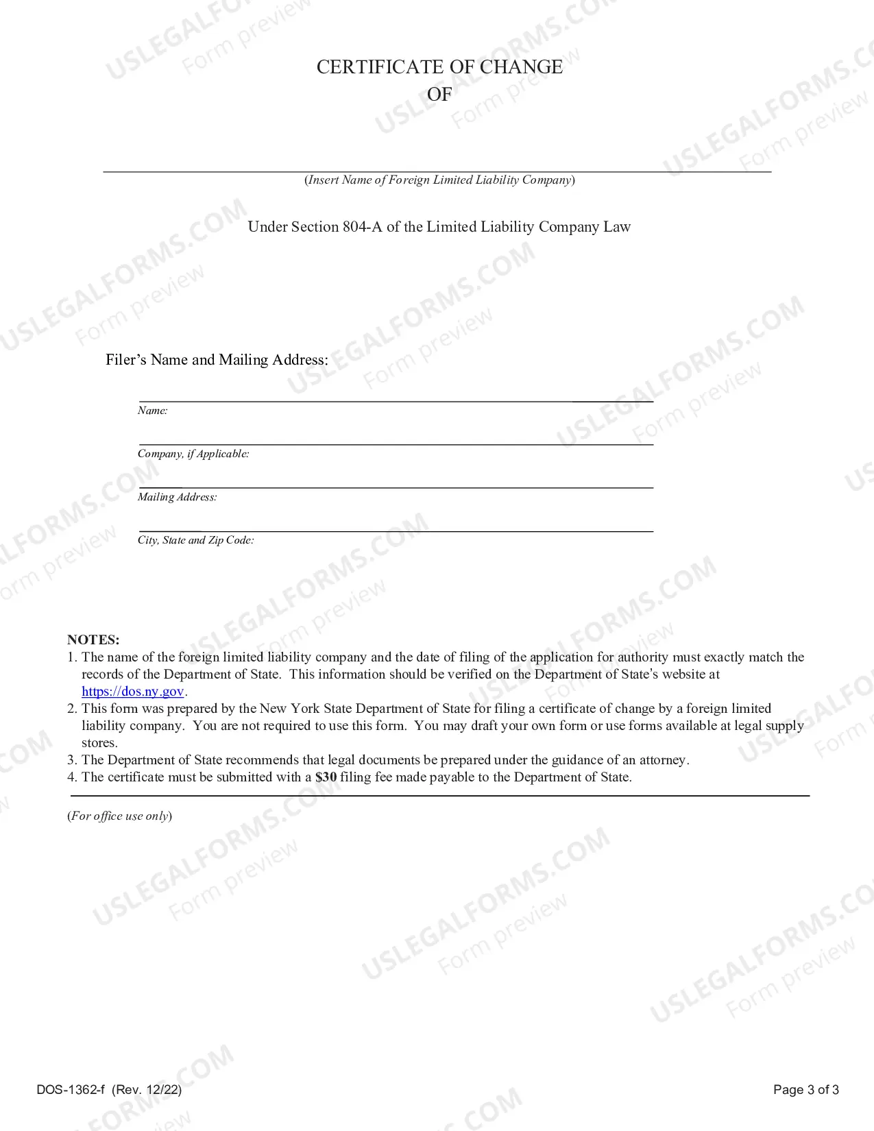 Preview Certificate of Change (Foreign LLC)