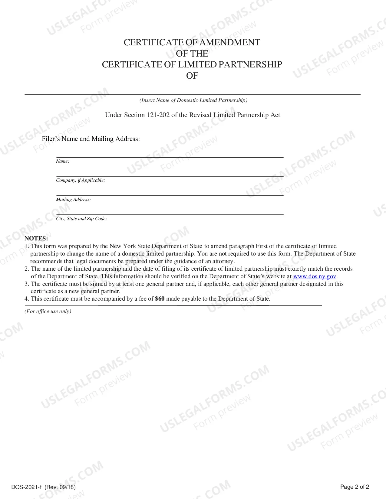 Preview Certificate of Amendment (Domestic Limited Partnership)