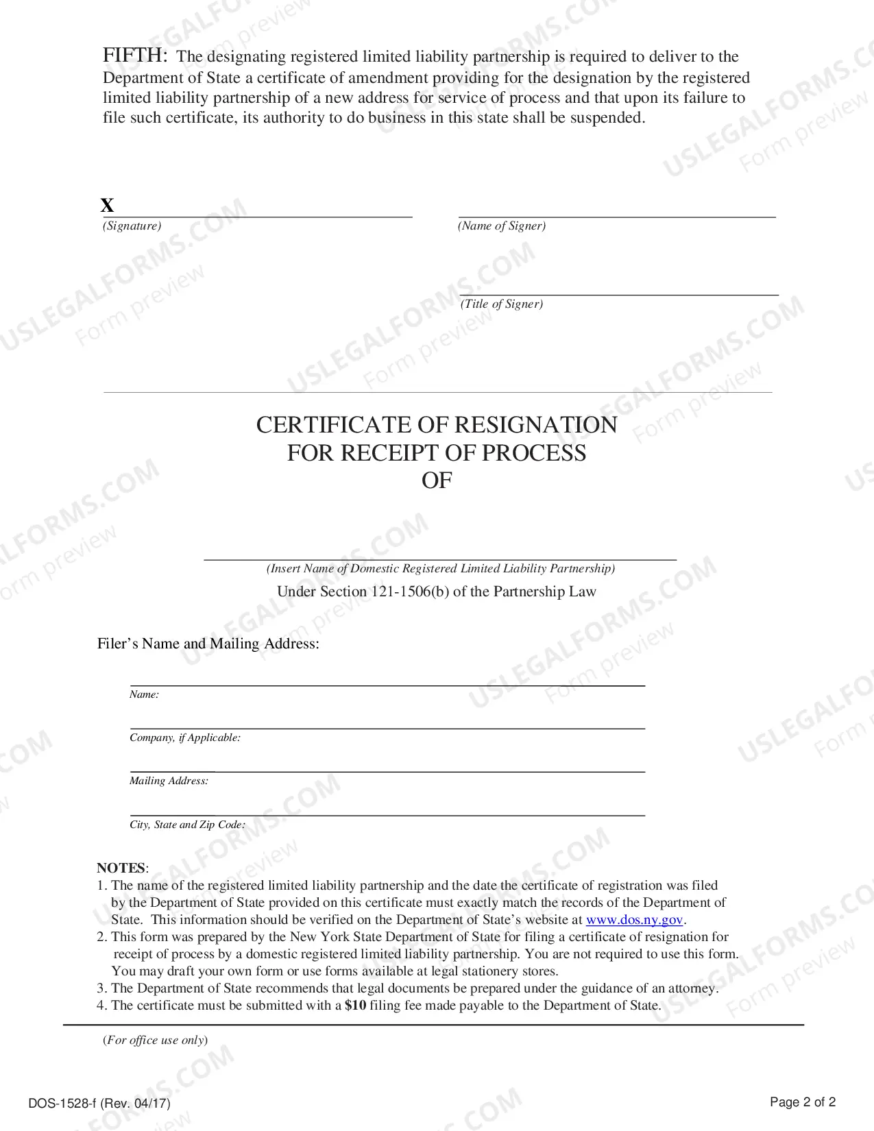 Preview Certificate of Resignation For Receipt of Process (Domestic LLP)