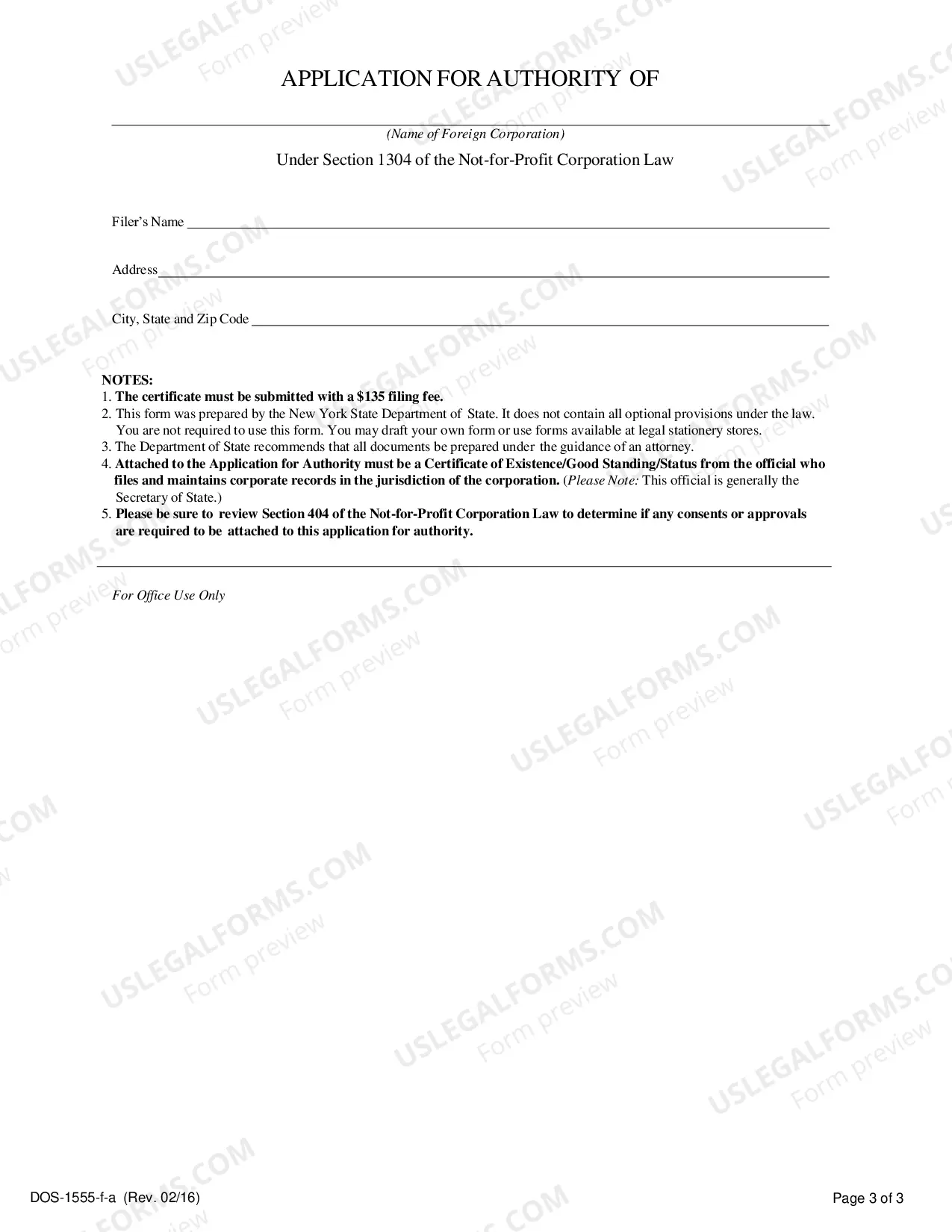 Preview Application For Authority (Foreign Not For Profit Corp)