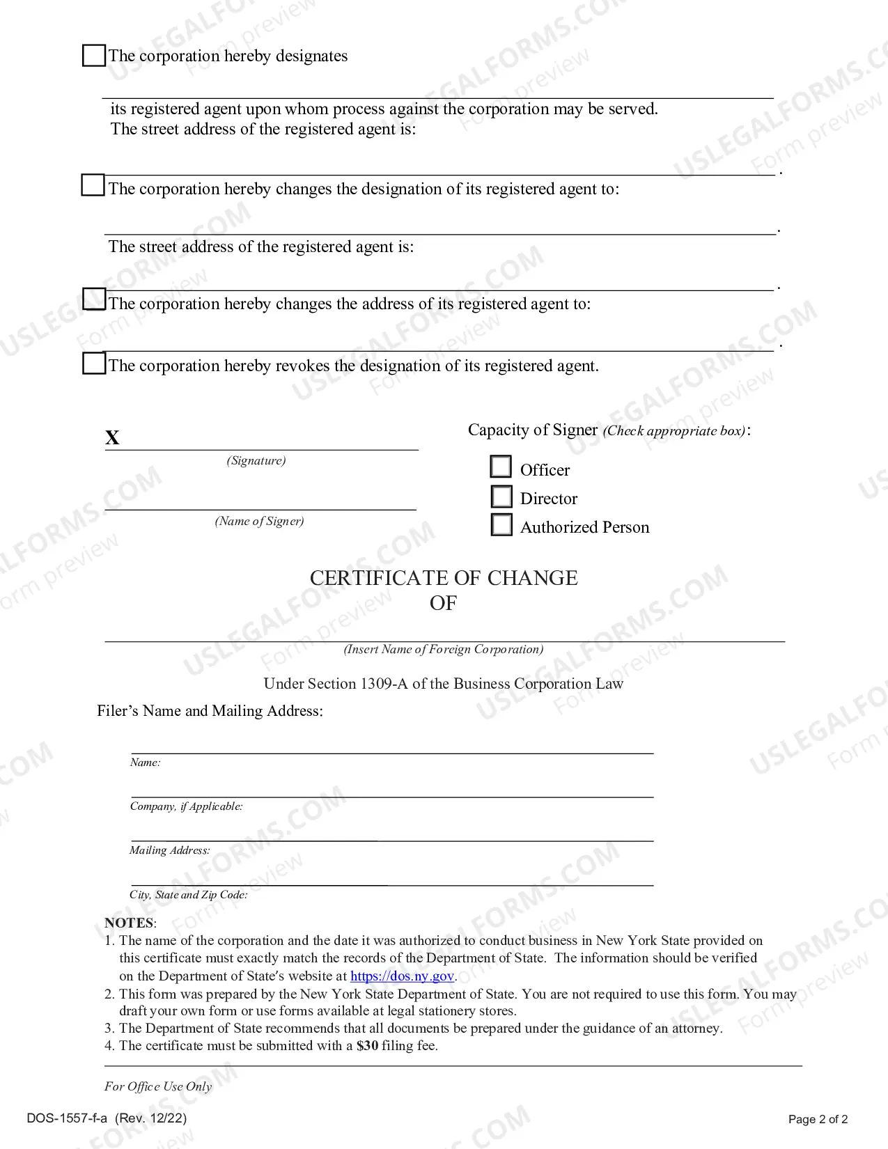 Preview Certificate of Change (Foreign Corporation)