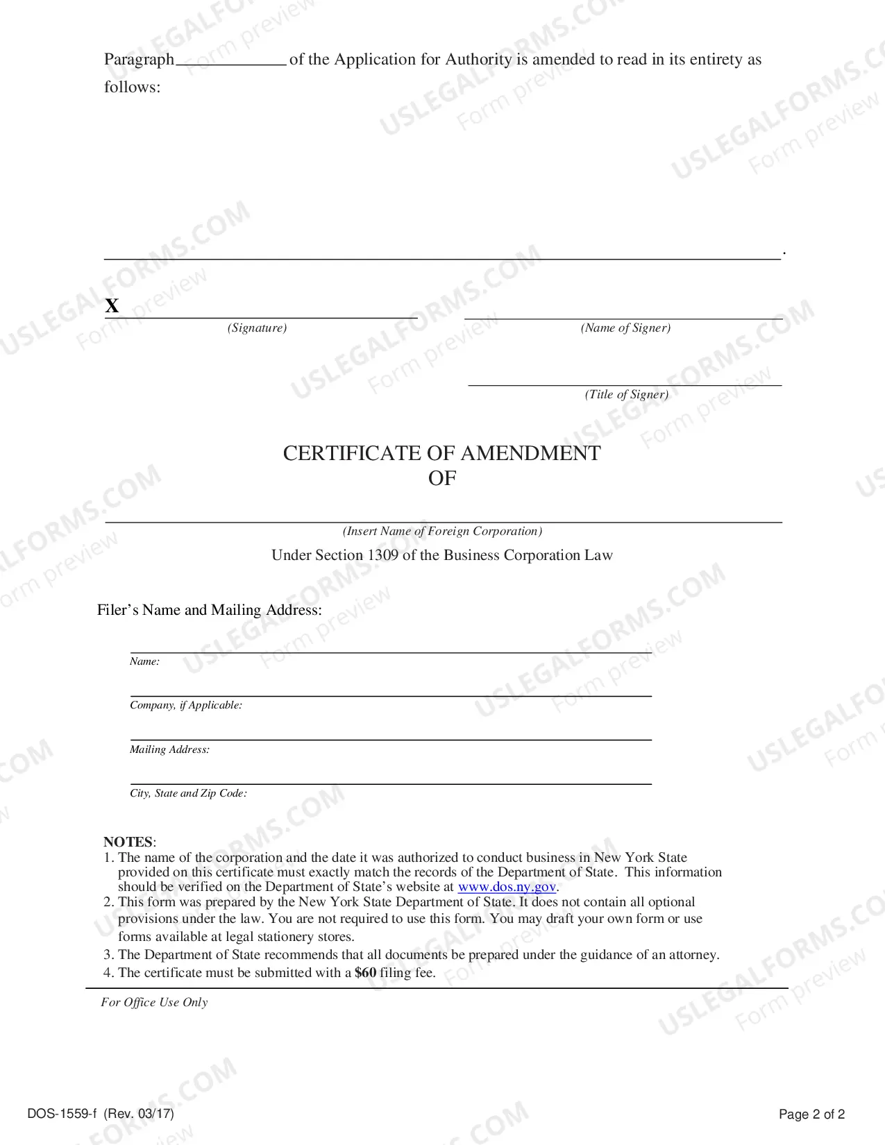 Preview Certificate of Amendment (Foreign Corporation)
