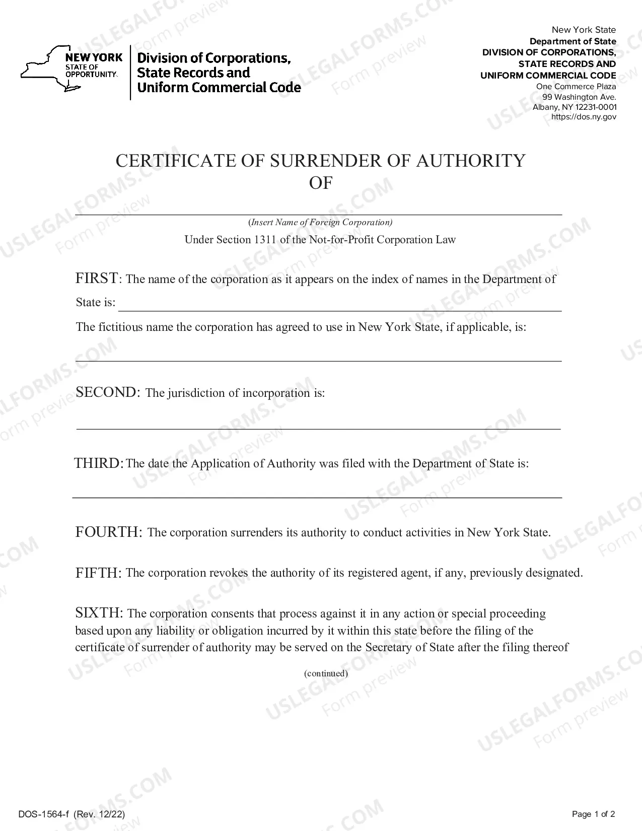 Preview Certificate of Surrender of Authority (Foreign Corp)
