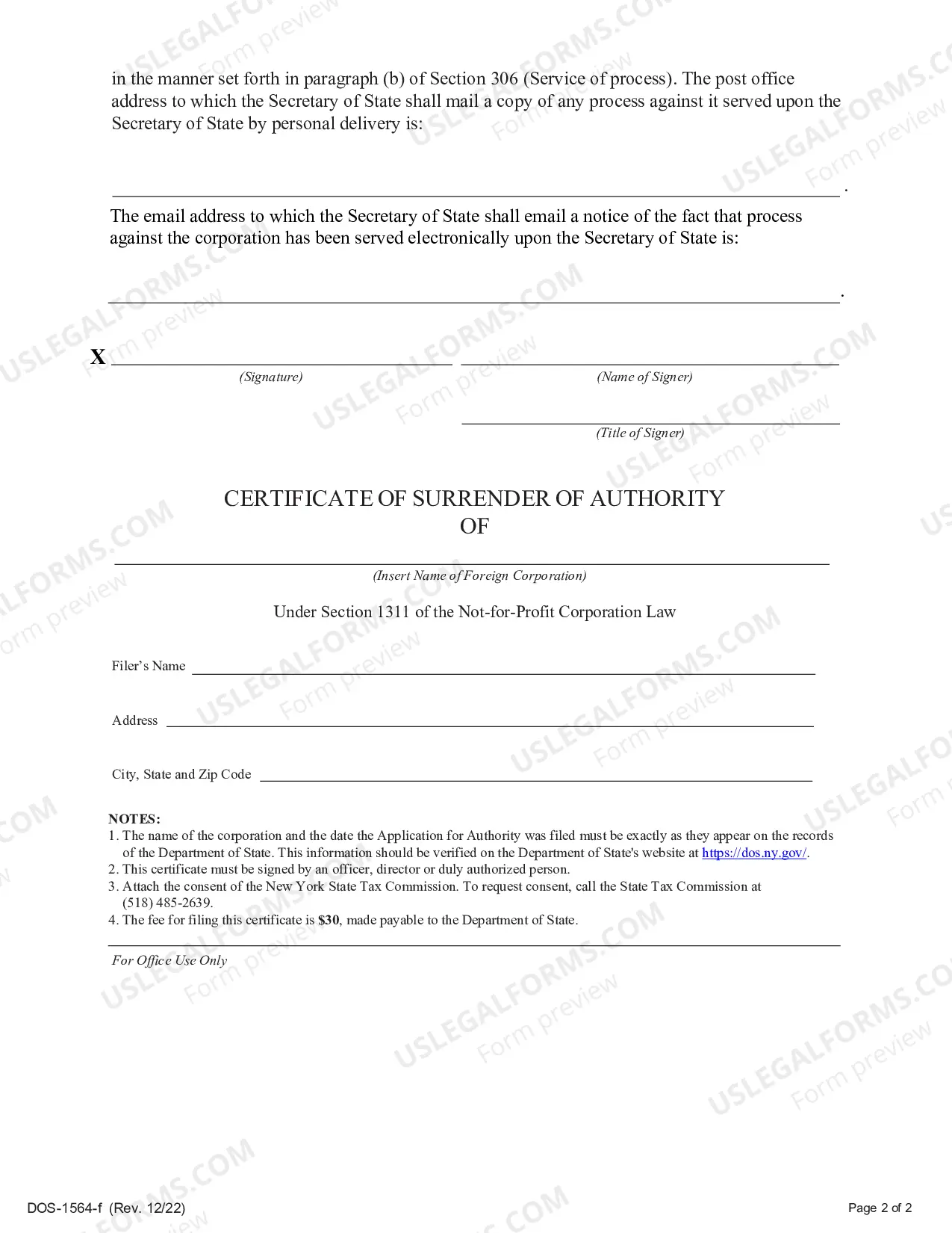 Preview Certificate of Surrender of Authority (Foreign Corp)