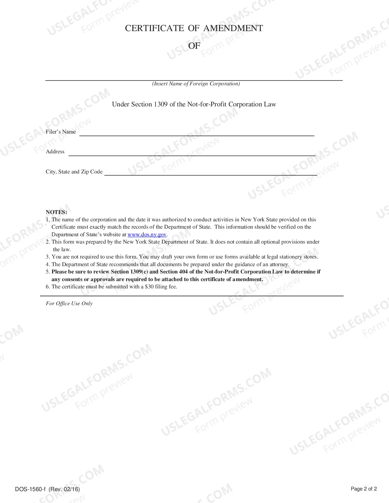 Preview Certificate of Amendment (Foreign Not For Profit Corp)