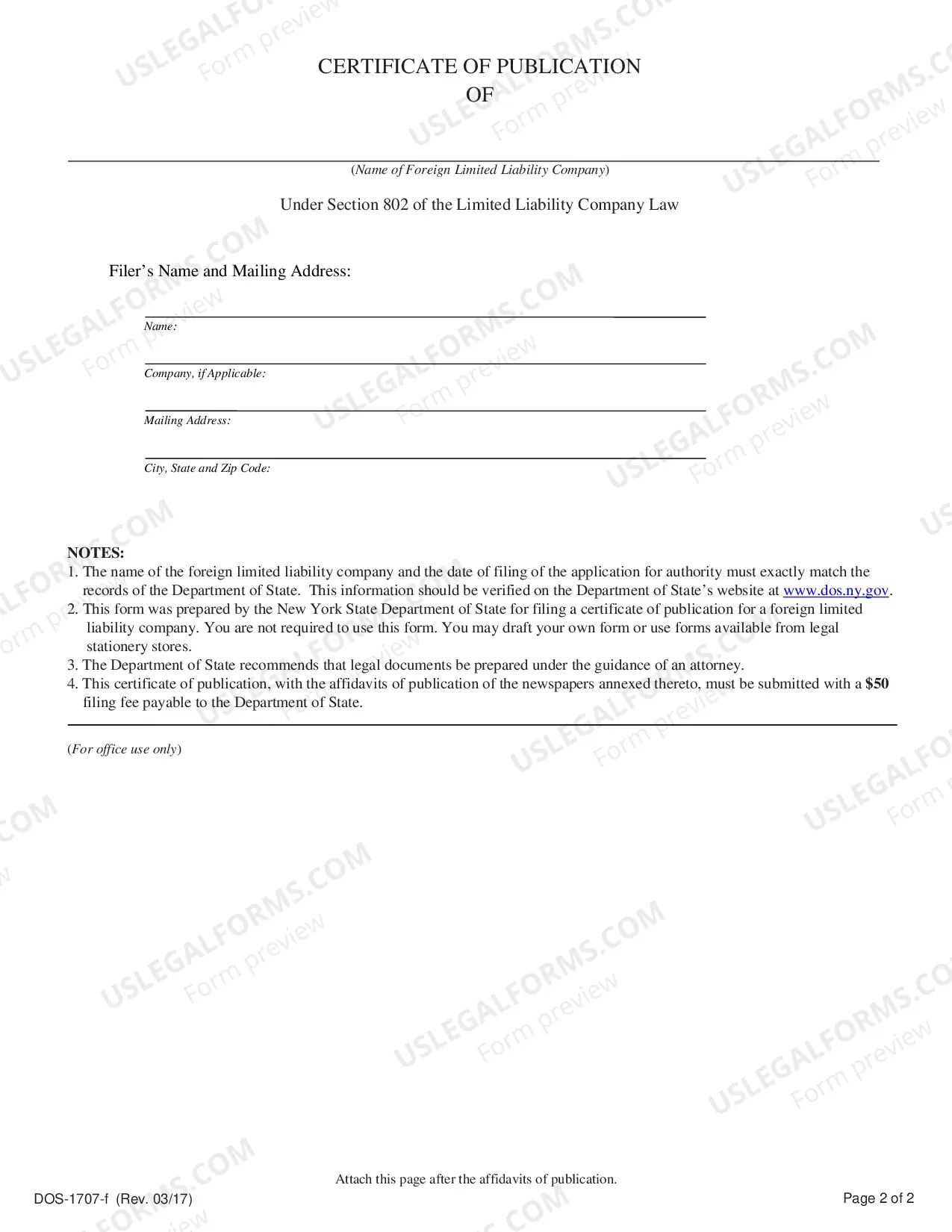 Preview Certificate of Publication (Foreign LLC)