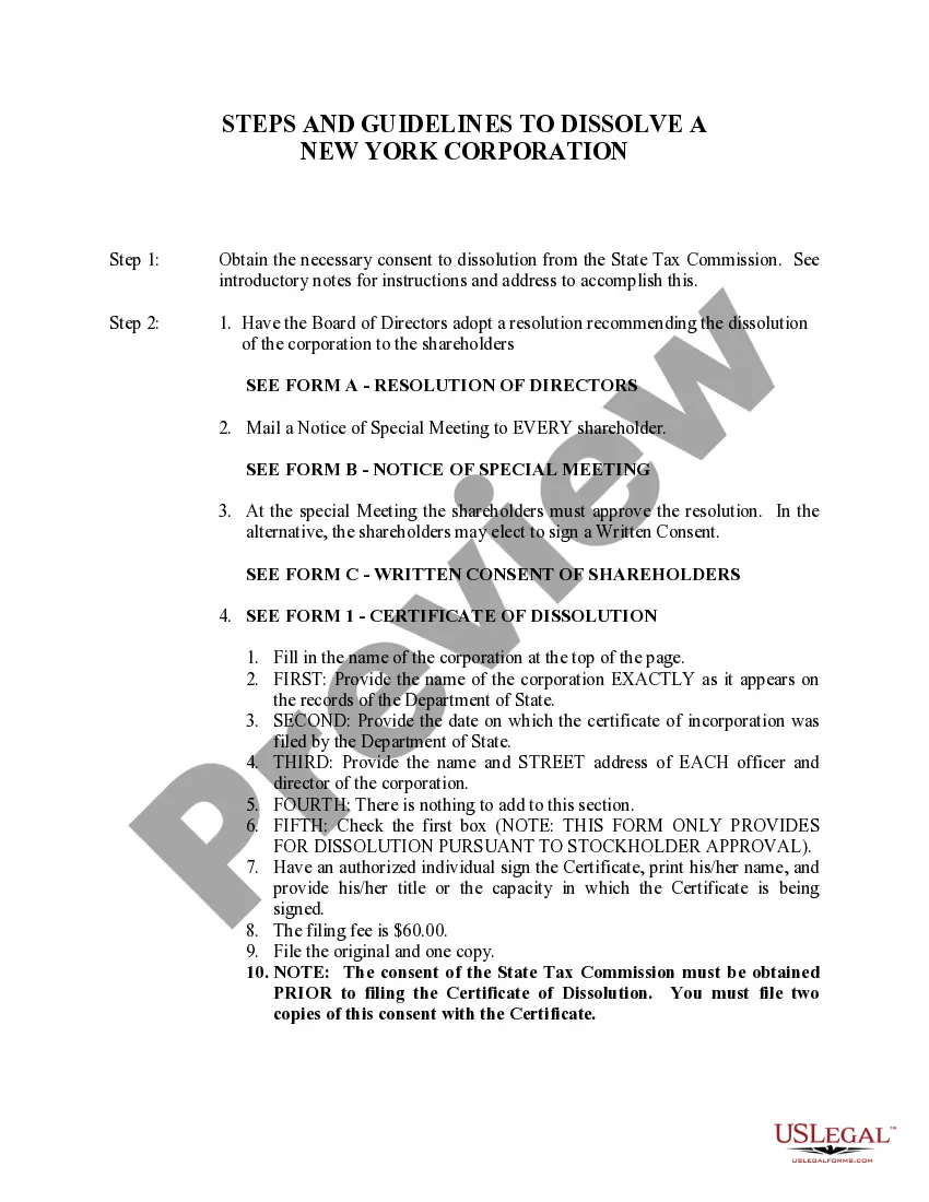 Get New York Dissolution Package to Dissolve Corporation Preview New York Dissolution Package to Dissolve Corporation