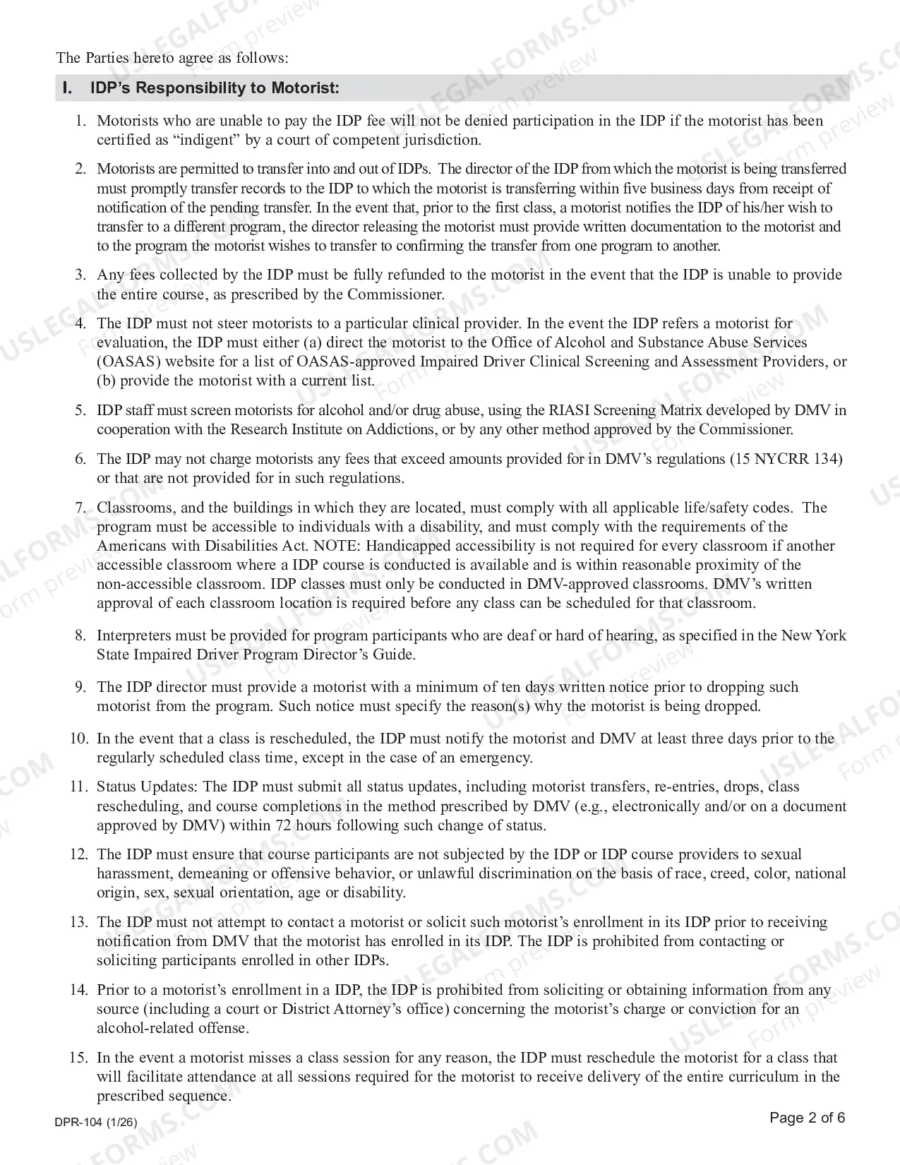 Preview Impaired Driver Program Service Agreement