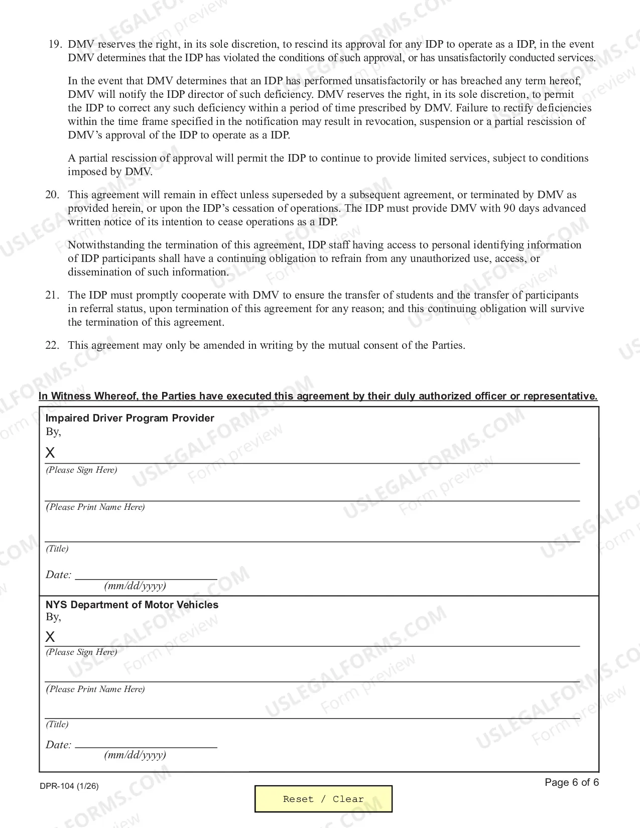 Preview Impaired Driver Program Service Agreement